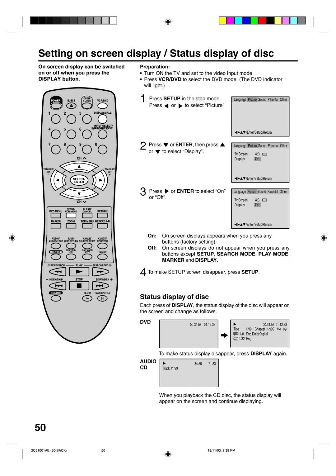 Memorex MVD4540B owner manual Setting on screen display / Status display of disc, Dvd, Audio 