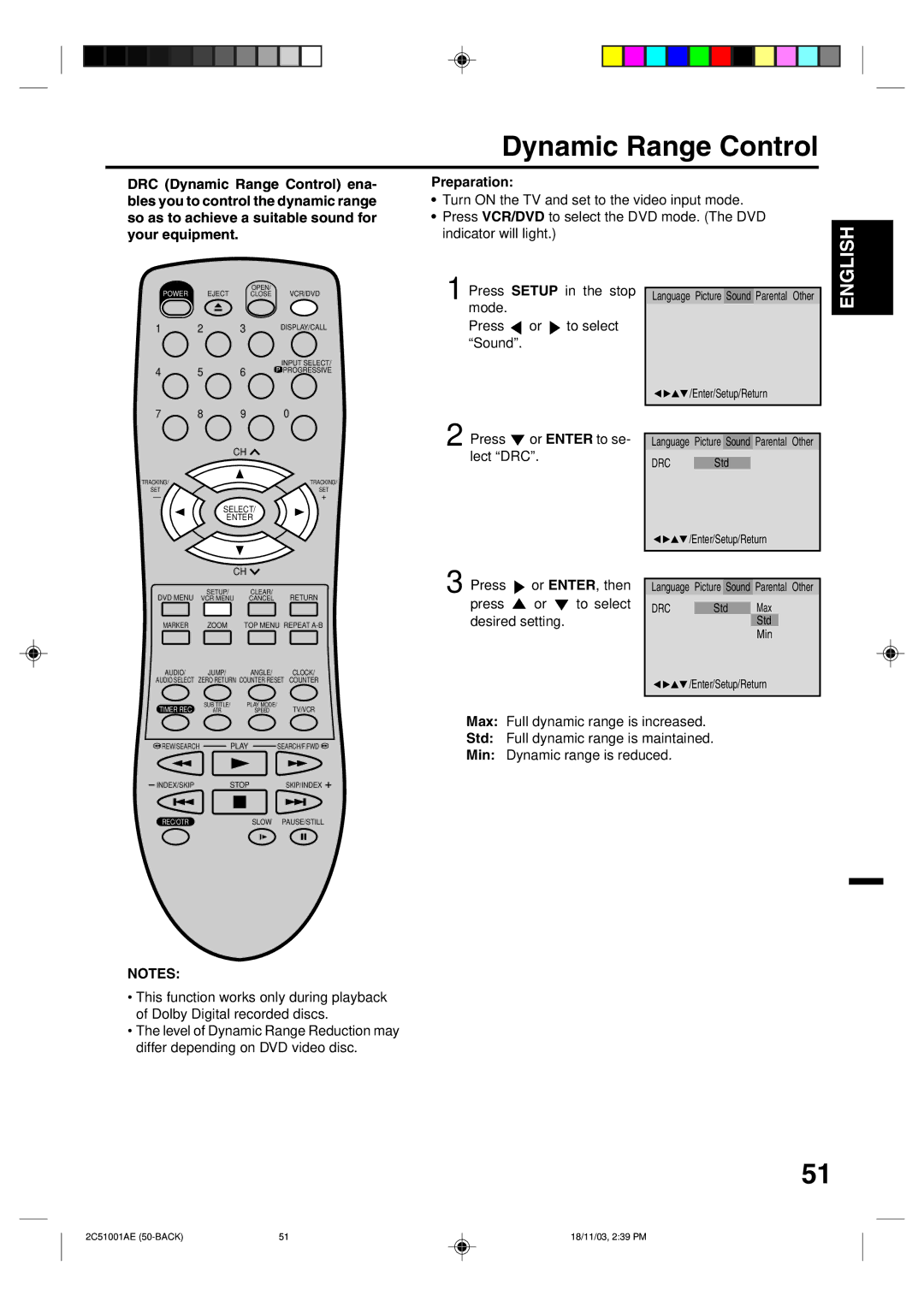 Memorex MVD4540B owner manual Dynamic Range Control, So as to achieve a suitable sound for, Your equipment, Std 