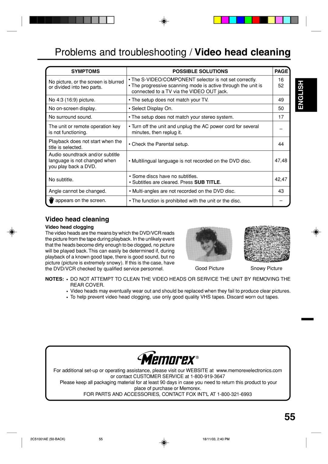 Memorex MVD4540B Problems and troubleshooting / Video head cleaning, Symptoms Possible Solutions, Video head clogging 