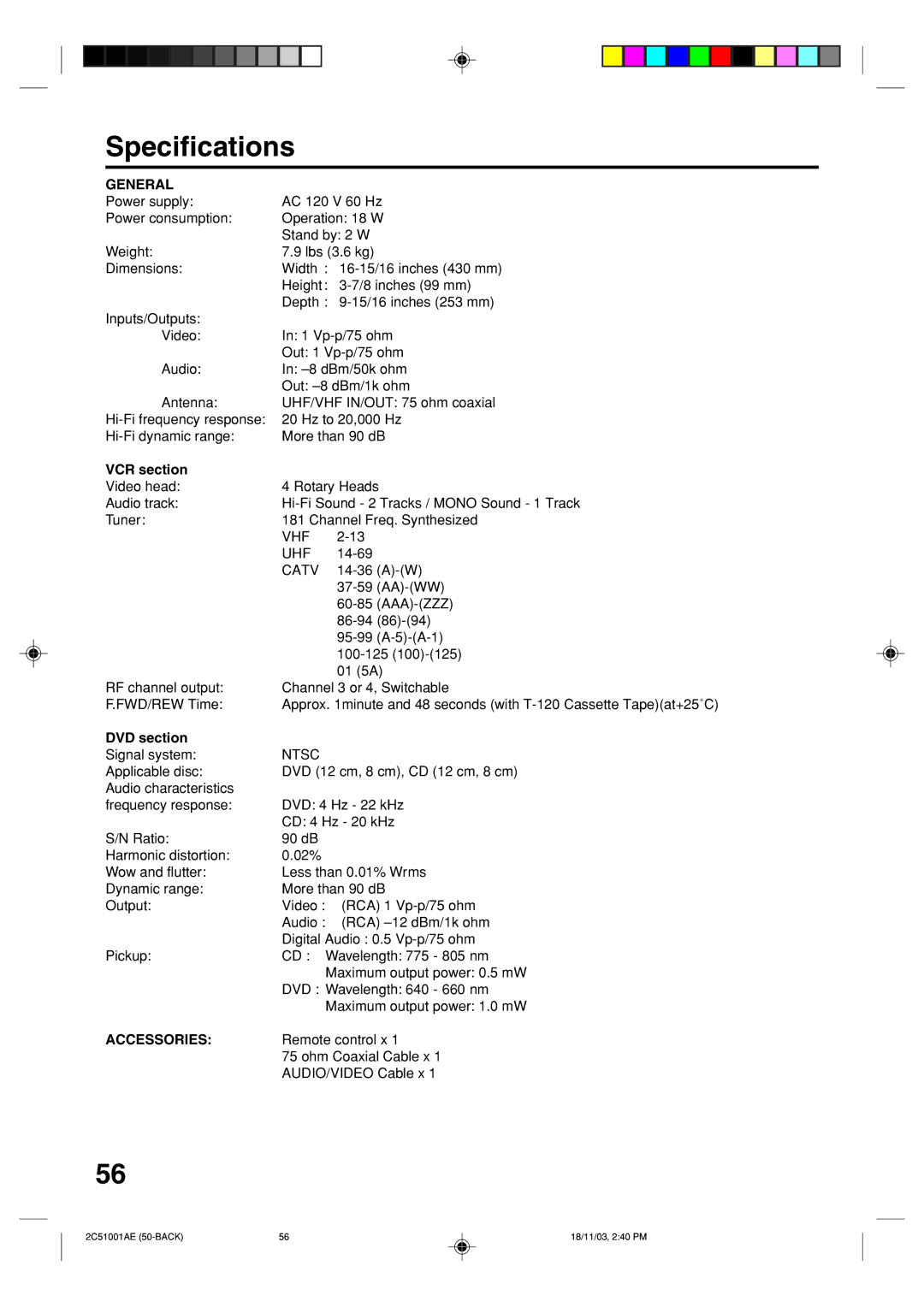 Memorex MVD4540B owner manual Specifications, General, VCR section, DVD section 