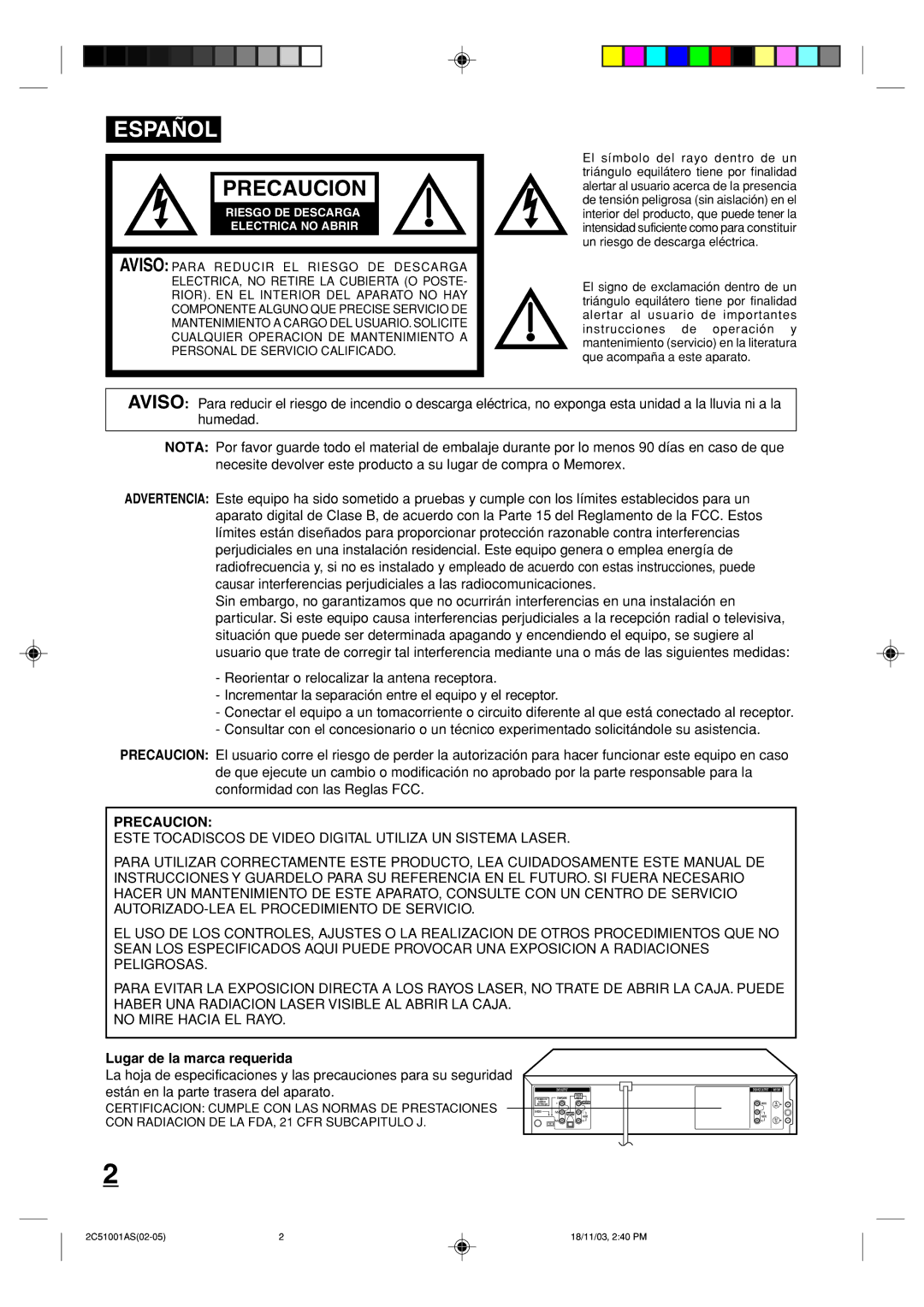 Memorex MVD4540B owner manual Precaucion, Lugar de la marca requerida 