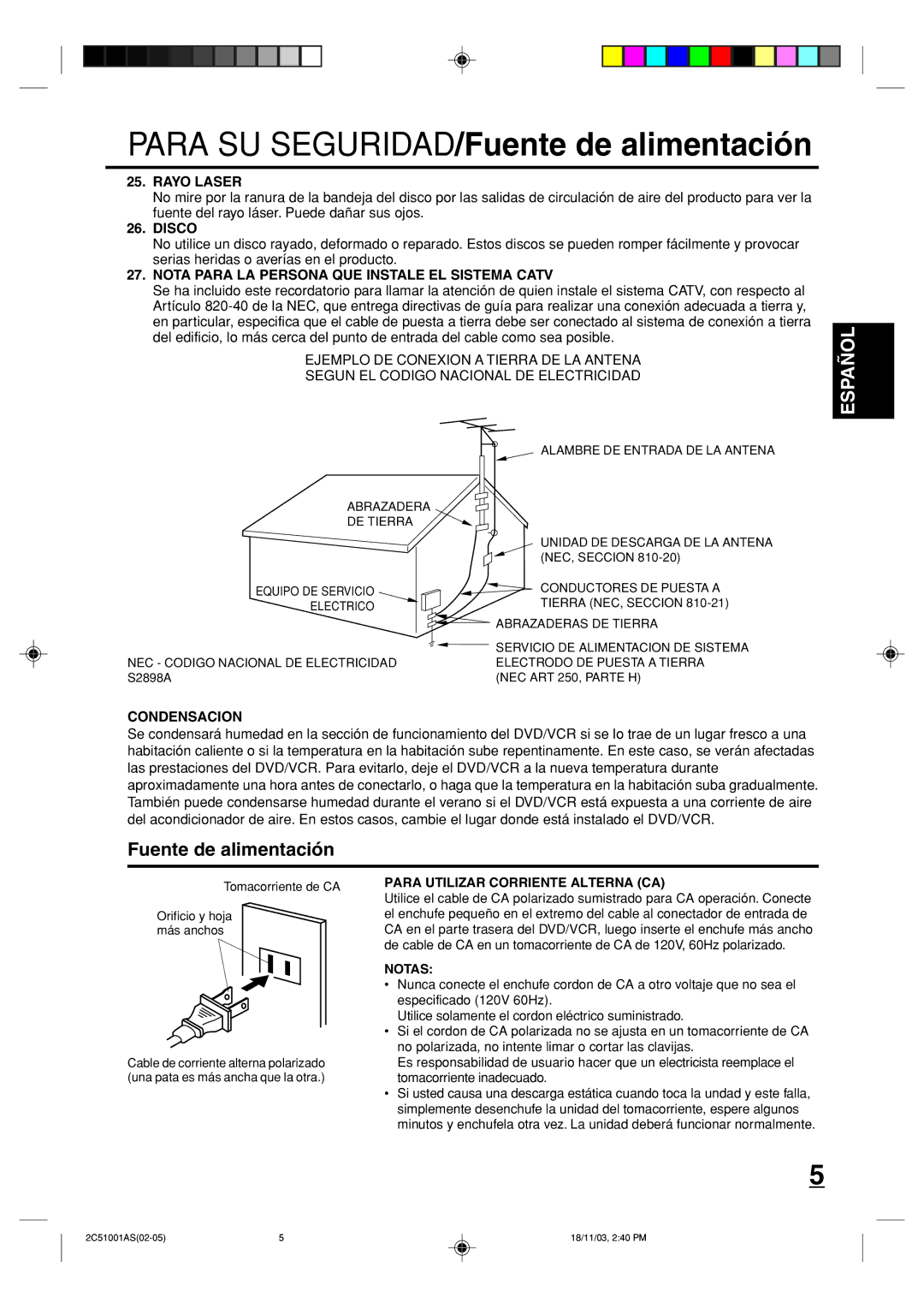 Memorex MVD4540B Fuente de alimentación, Rayo Laser, Disco, Nota Para LA Persona QUE Instale EL Sistema Catv, Condensacion 