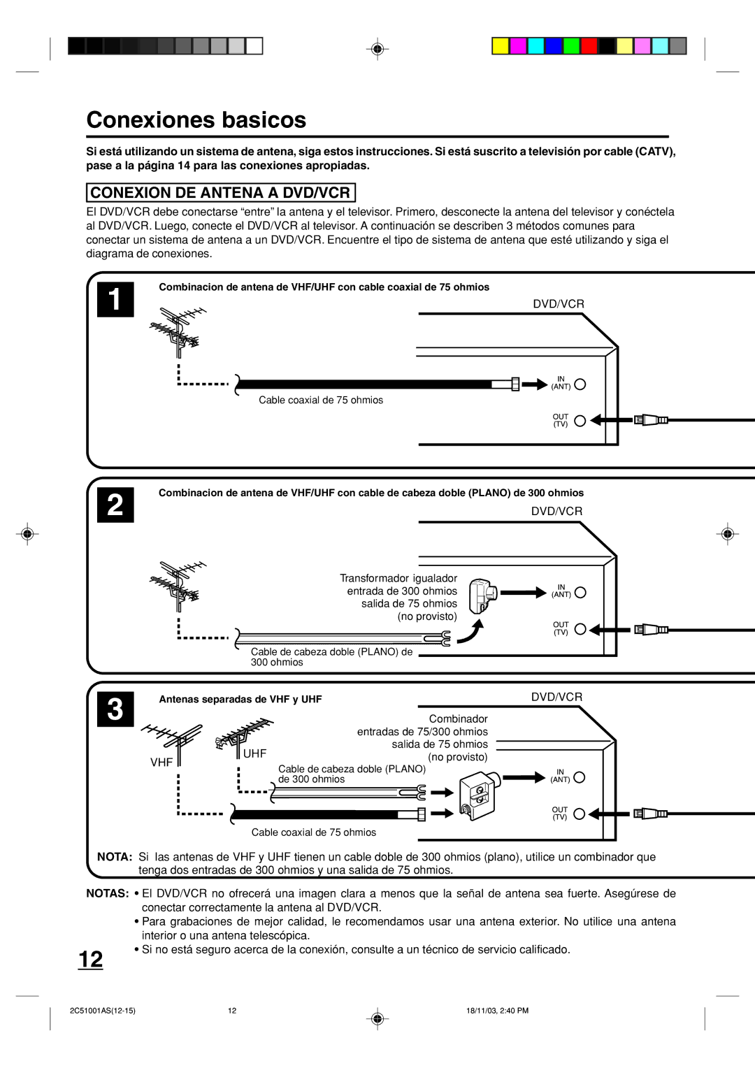 Memorex MVD4540B owner manual Conexiones basicos, Conexion DE Antena a DVD/VCR 