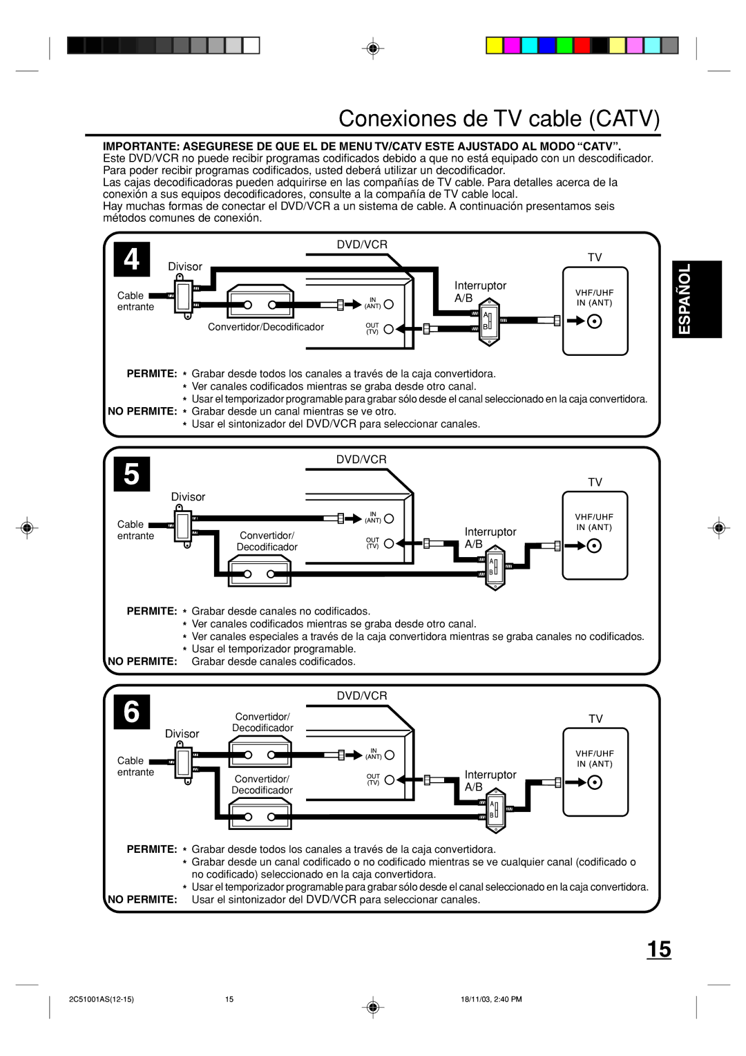 Memorex MVD4540B owner manual Conexiones de TV cable Catv, Divisor, InterruptorB 