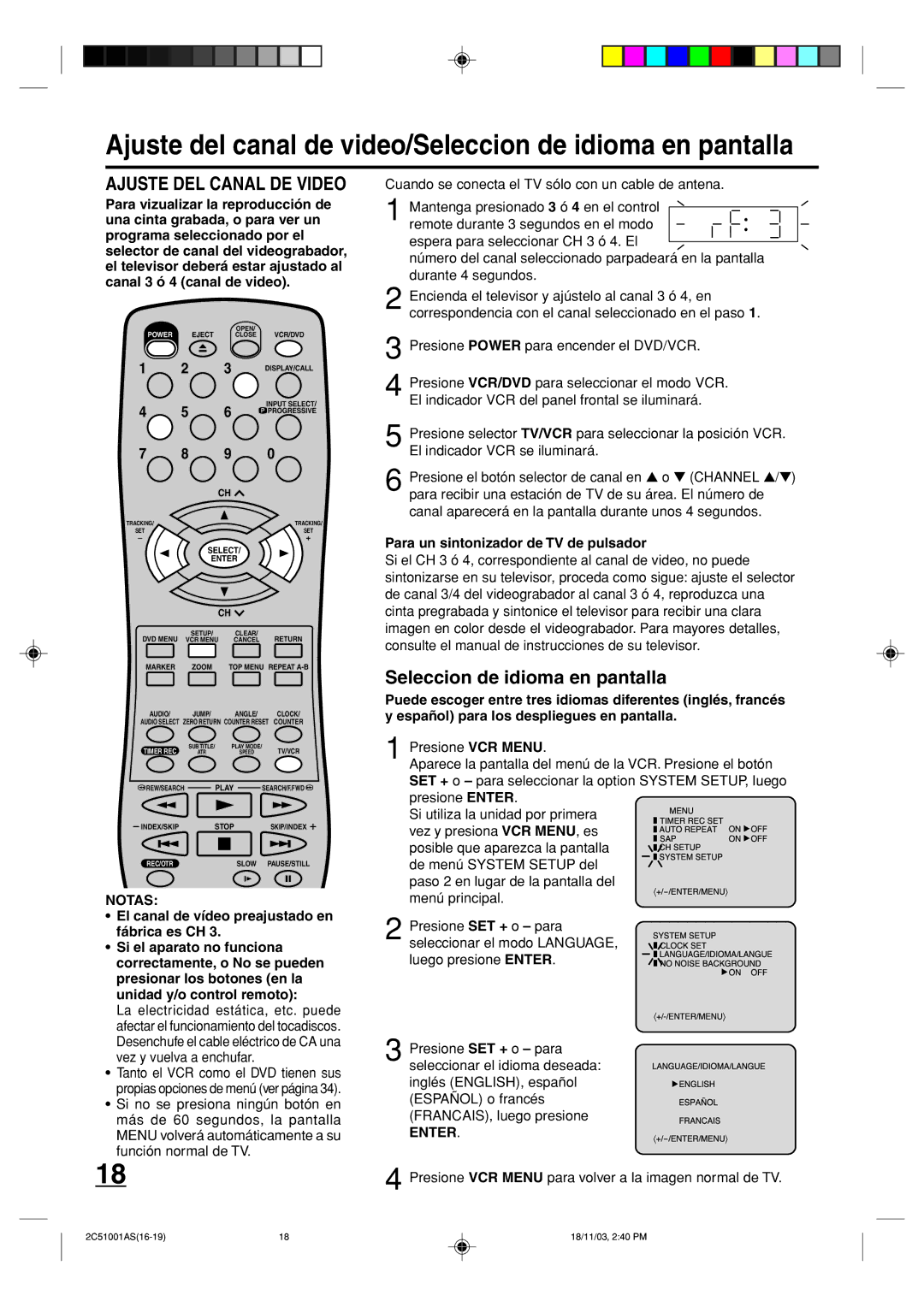 Memorex MVD4540B Ajuste del canal de video/Seleccion de idioma en pantalla, Para un sintonizador de TV de pulsador 