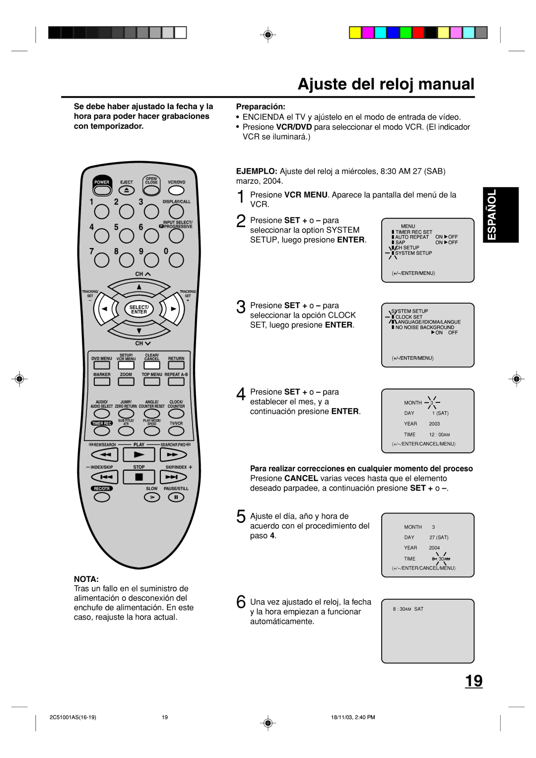 Memorex MVD4540B owner manual Ajuste del reloj manual, Preparación 