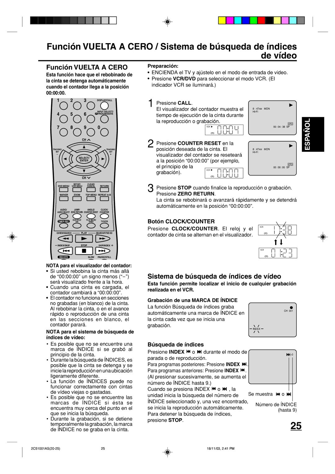 Memorex MVD4540B Función Vuelta a Cero, Sistema de búsqueda de índices de vídeo, Botón CLOCK/COUNTER, Búsqueda de índices 