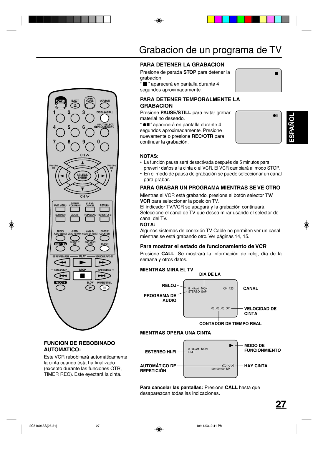 Memorex MVD4540B owner manual Grabacion de un programa de TV, Automatico, Para Detener LA Grabacion 