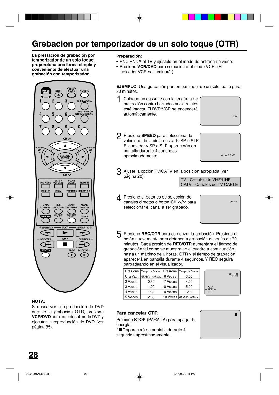 Memorex MVD4540B owner manual Grebacion por temporizador de un solo toque OTR, Para cancelar OTR 