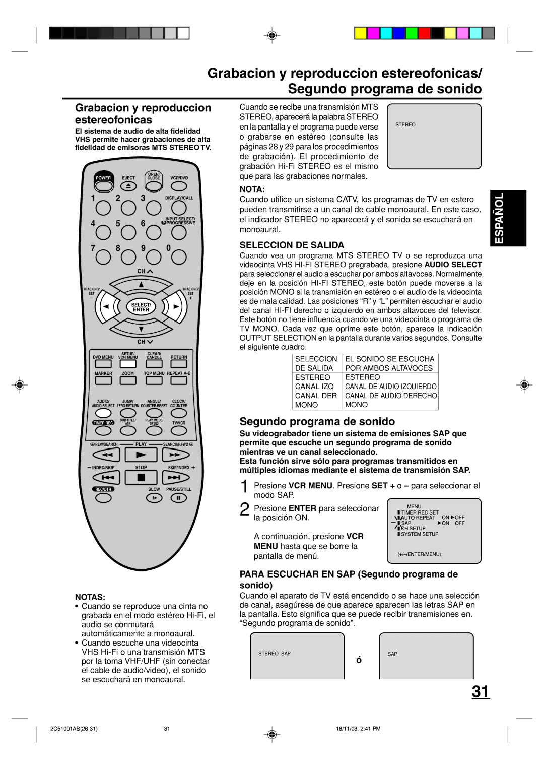 Memorex MVD4540B owner manual Grabacion y reproduccion estereofonicas, Segundo programa de sonido, Seleccion DE Salida 