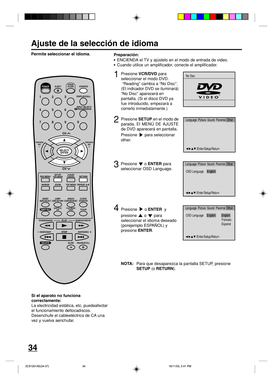 Memorex MVD4540B owner manual Ajuste de la selección de idioma, Permite seleccionar el idioma Preparación 