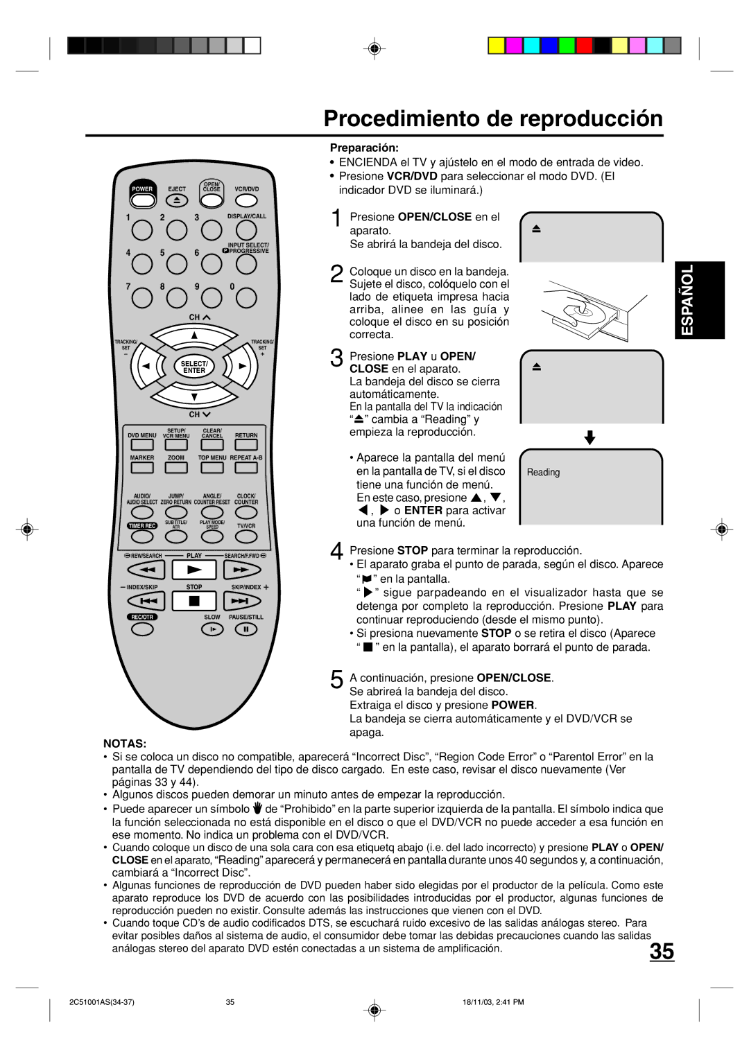 Memorex MVD4540B owner manual Procedimiento de reproducción, Notas 