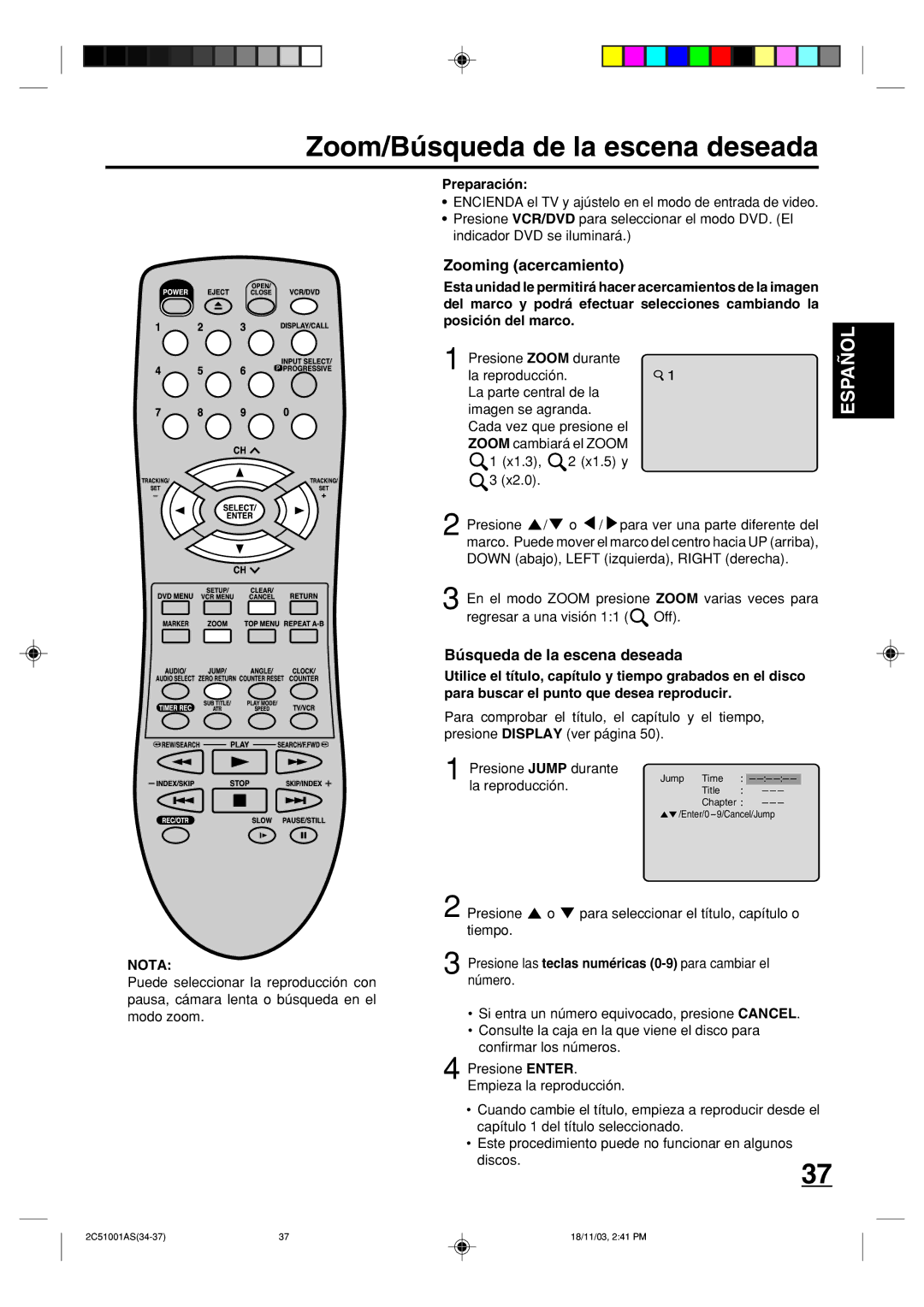 Memorex MVD4540B owner manual Zoom/Búsqueda de la escena deseada, Zooming acercamiento 