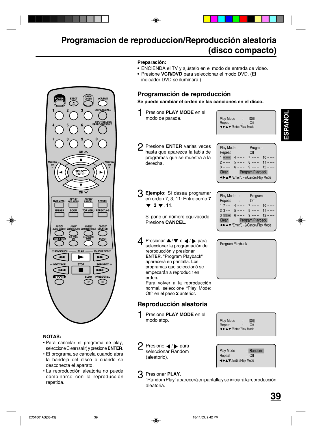 Memorex MVD4540B owner manual Programación de reproducción, Reproducción aleatoria 