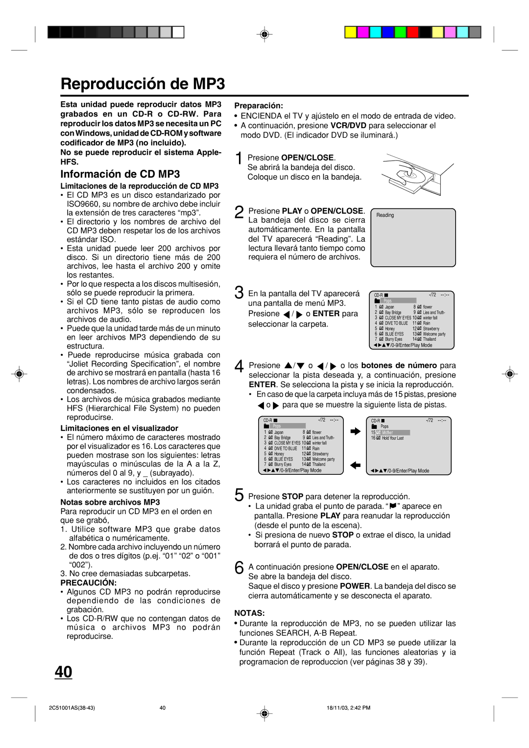 Memorex MVD4540B owner manual Reproducción de MP3, Información de CD MP3, Precaución 