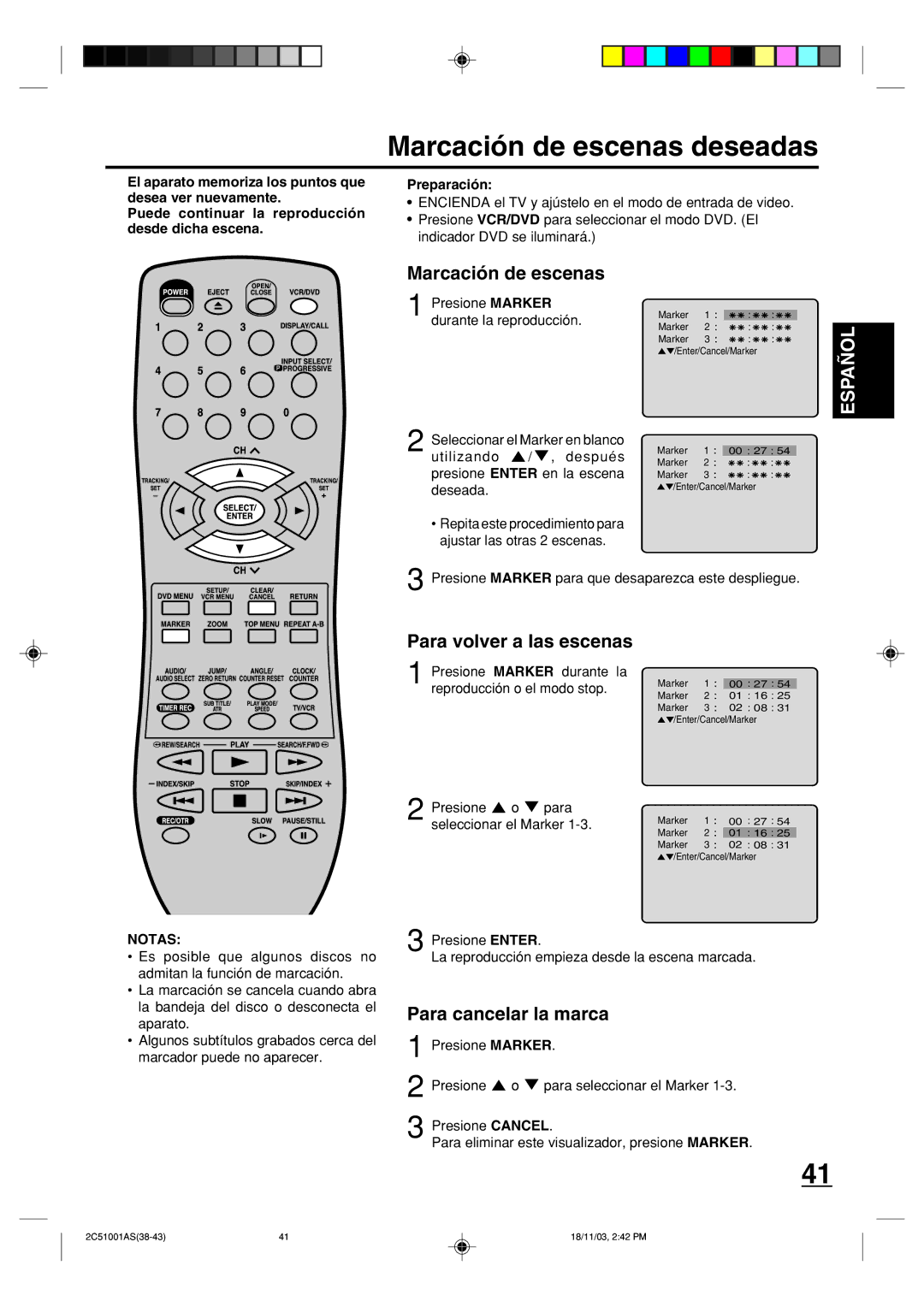 Memorex MVD4540B owner manual Marcación de escenas deseadas, Para volver a las escenas, Para cancelar la marca 