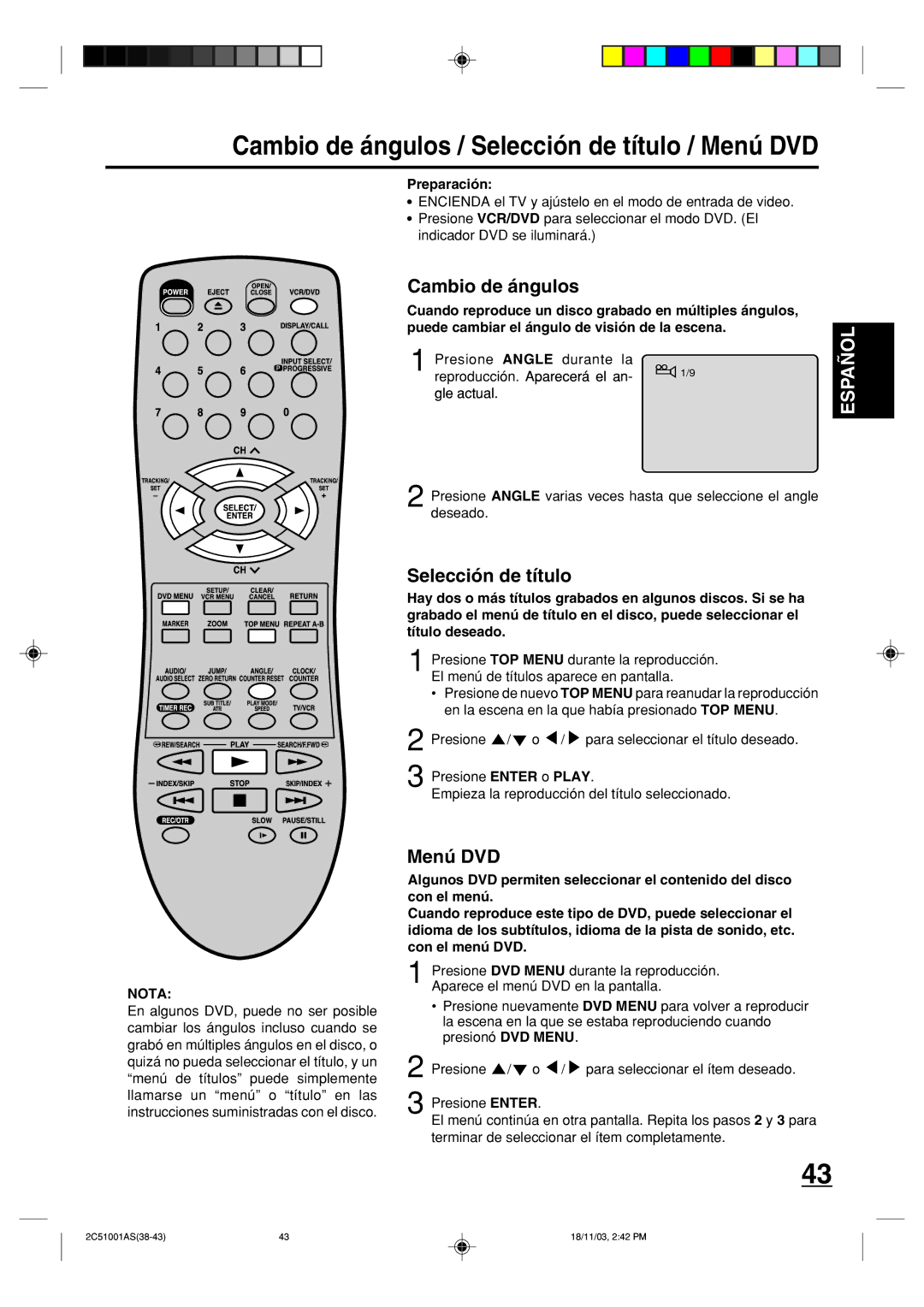 Memorex MVD4540B owner manual Cambio de ángulos, Selección de título, Menú DVD 