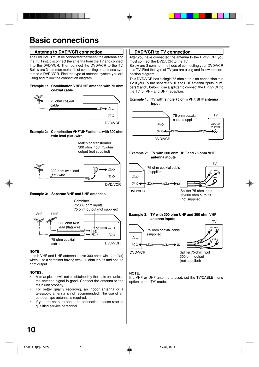 Memorex MVD4540C owner manual Basic connections, Antenna to DVD/VCR connection, DVD/VCR to TV connection 