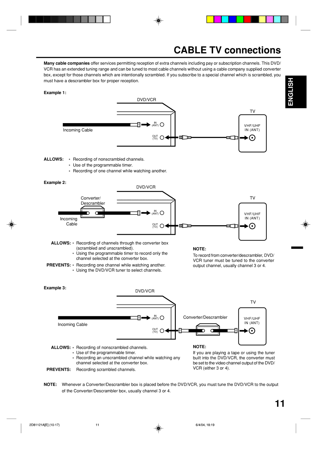 Memorex MVD4540C owner manual Cable TV connections, Example, Incoming Cable, Converter Descrambler, Converter/Descrambler 