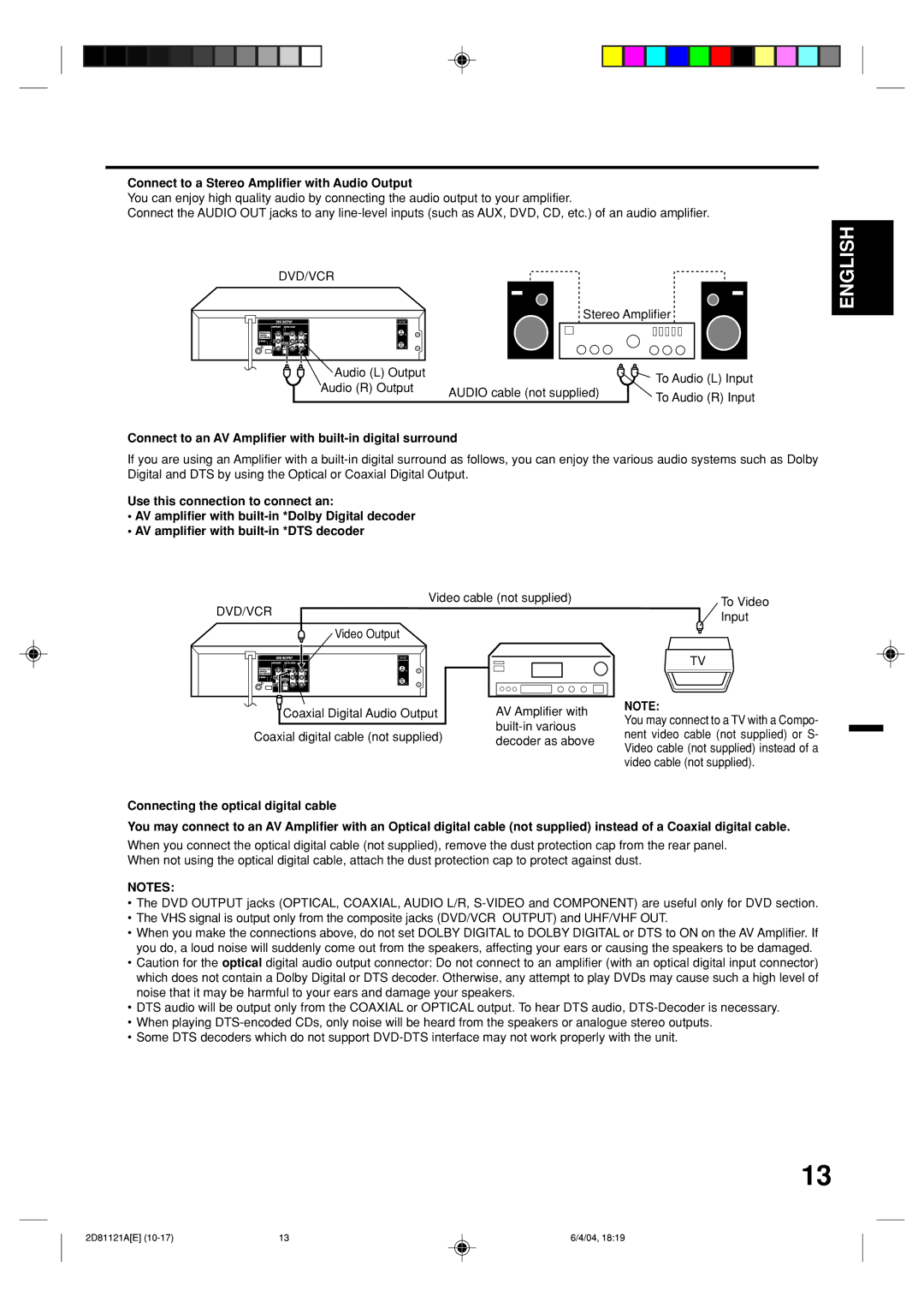 Memorex MVD4540C owner manual Connect to a Stereo Amplifier with Audio Output, Connecting the optical digital cable 