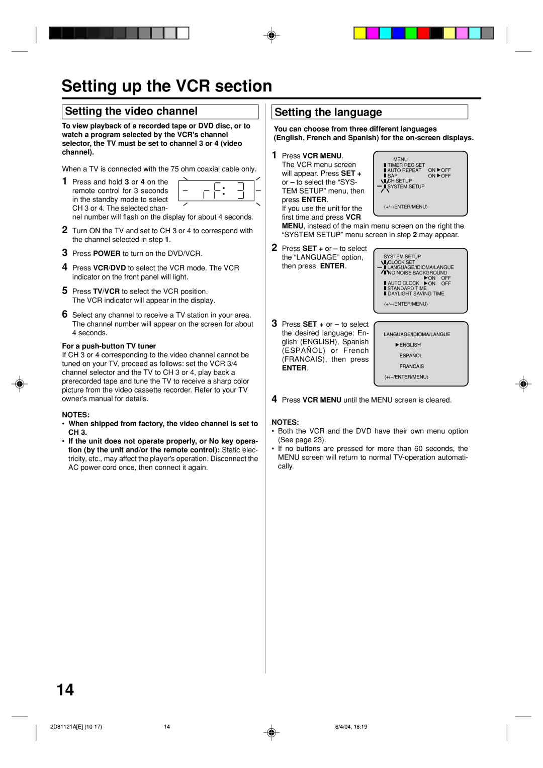 Memorex MVD4540C owner manual Setting up the VCR section, Setting the video channel, Setting the language, Enter 