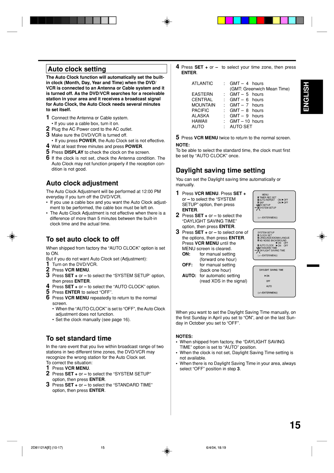 Memorex MVD4540C Auto clock setting, Auto clock adjustment, Daylight saving time setting, To set auto clock to off 