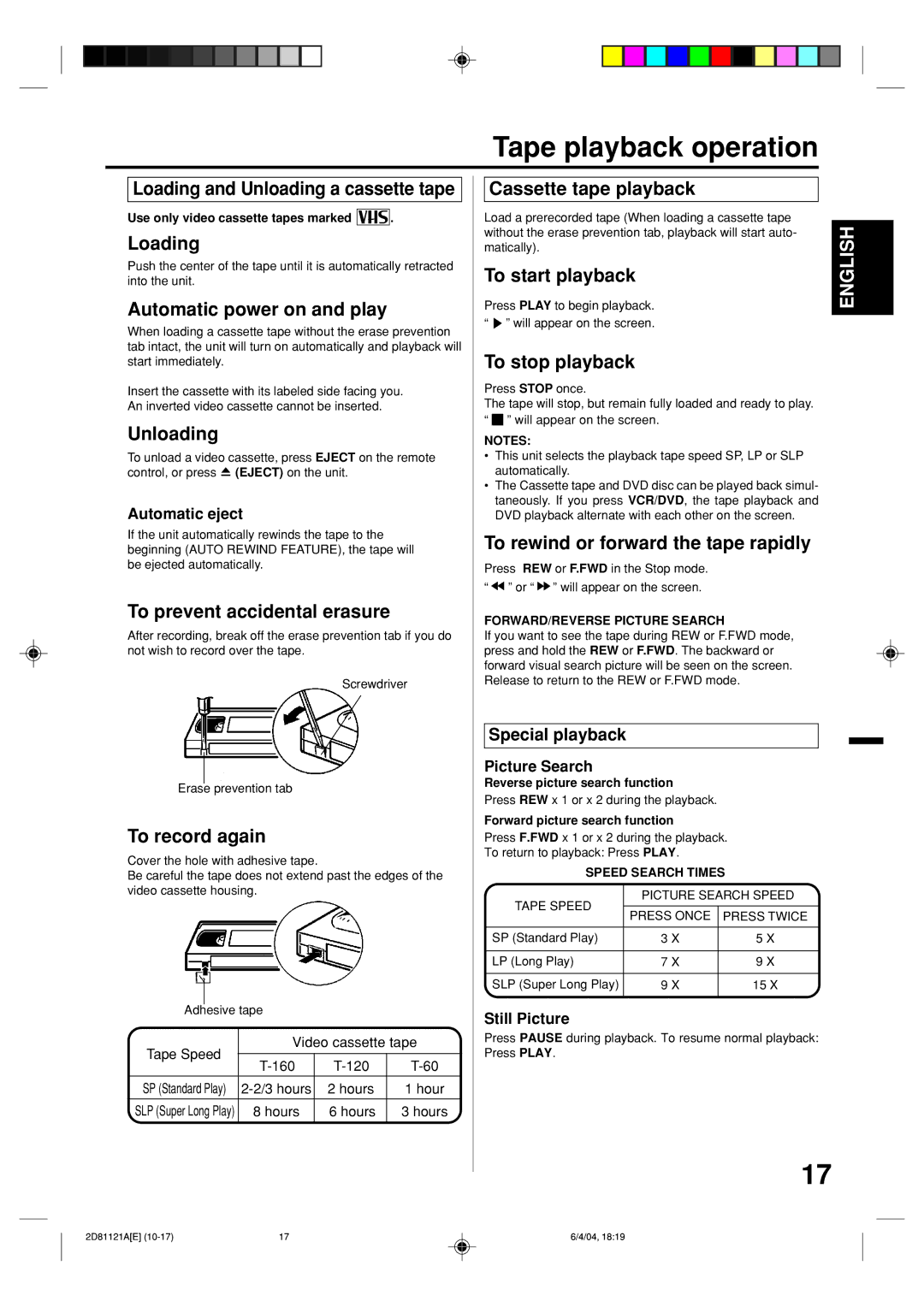 Memorex MVD4540C owner manual Tape playback operation 