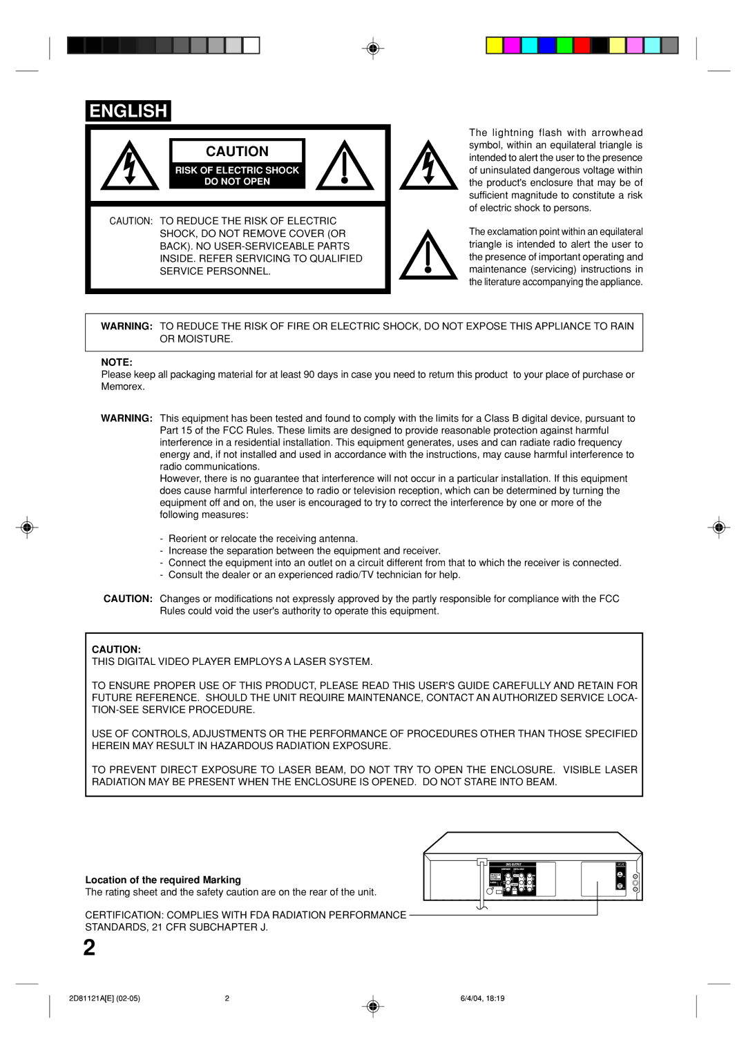 Memorex MVD4540C owner manual English, Location of the required Marking 