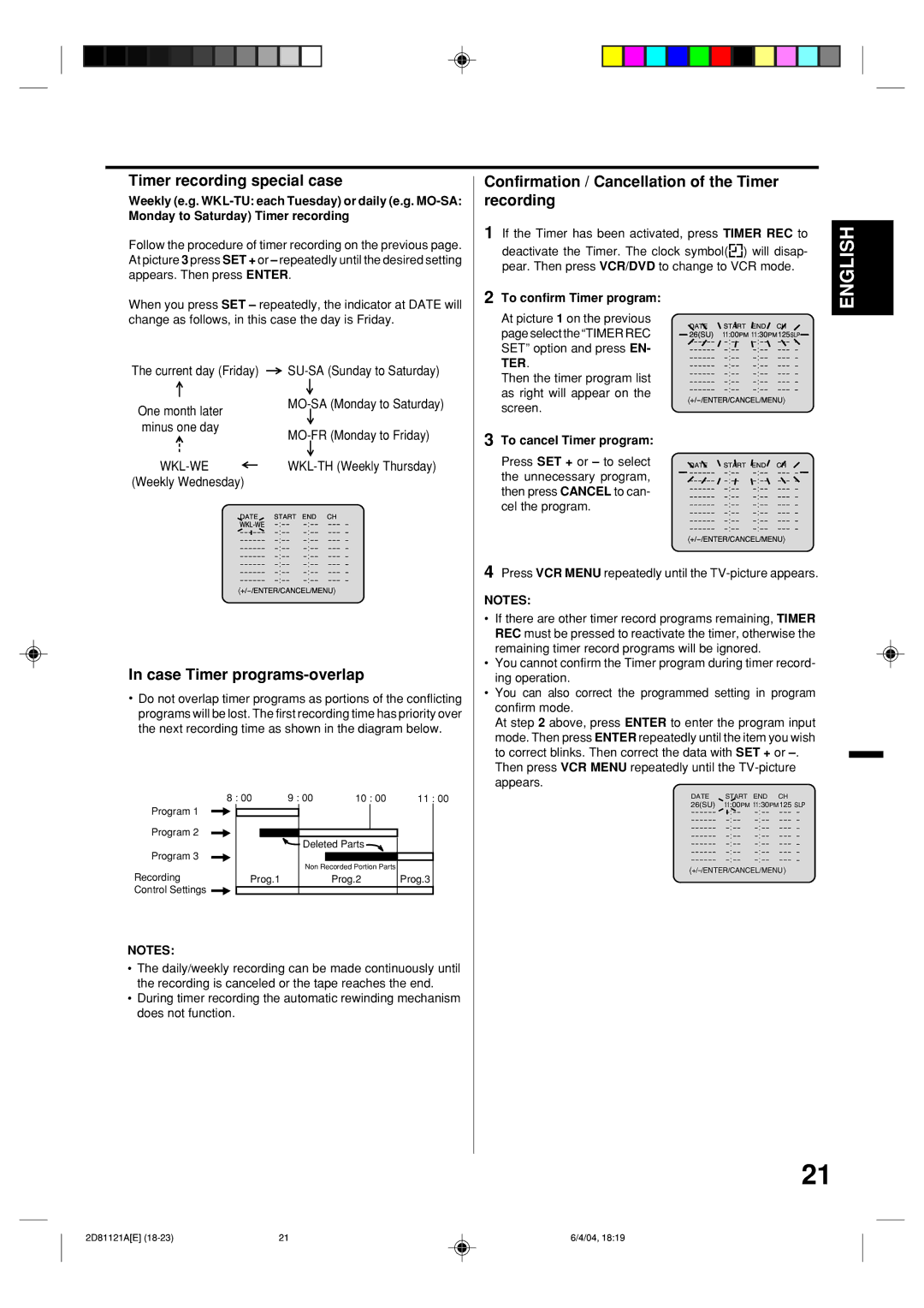 Memorex MVD4540C owner manual Timer recording special case, Case Timer programs-overlap, To confirm Timer program 