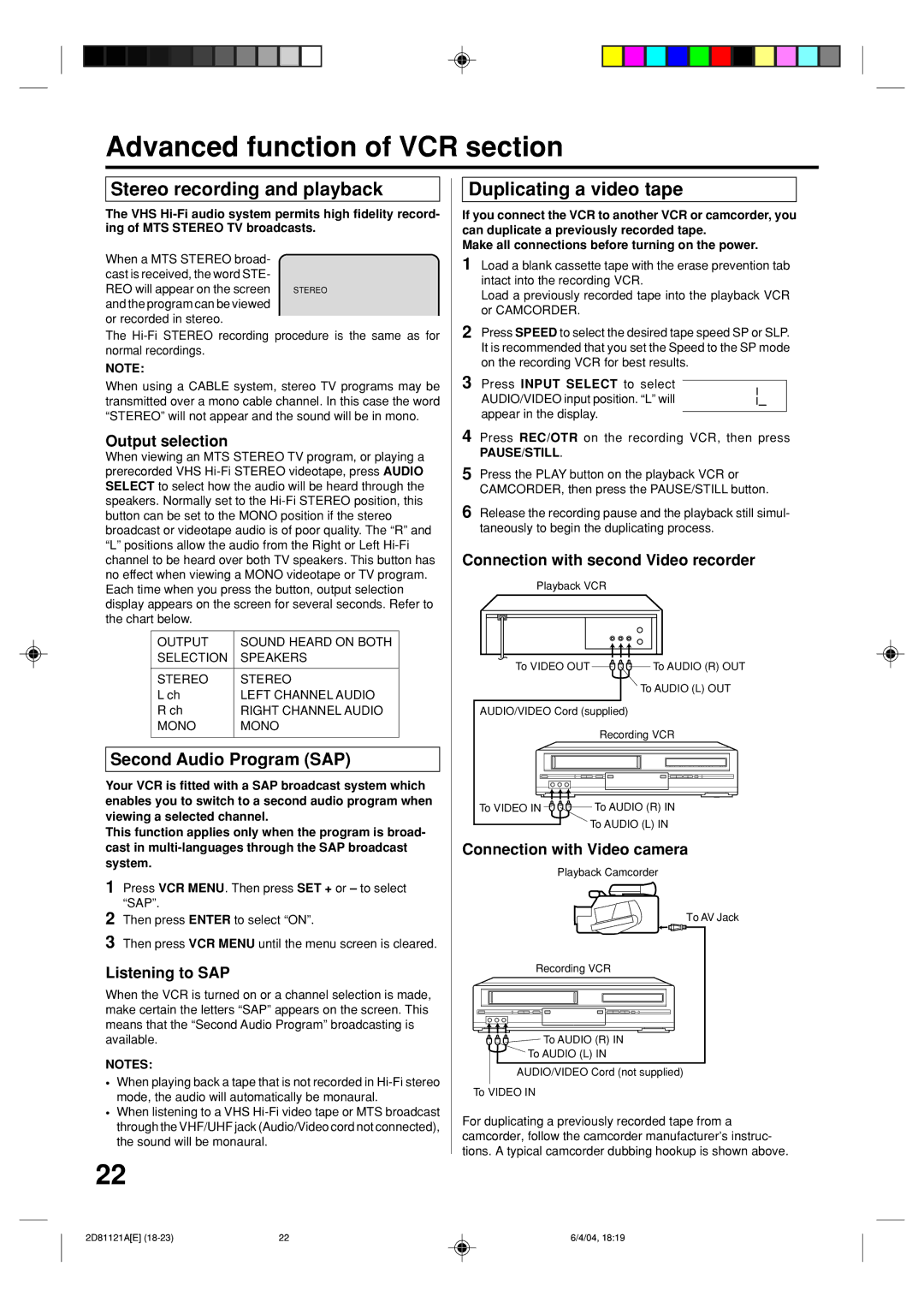 Memorex MVD4540C owner manual Advanced function of VCR section, Stereo recording and playback, Duplicating a video tape 