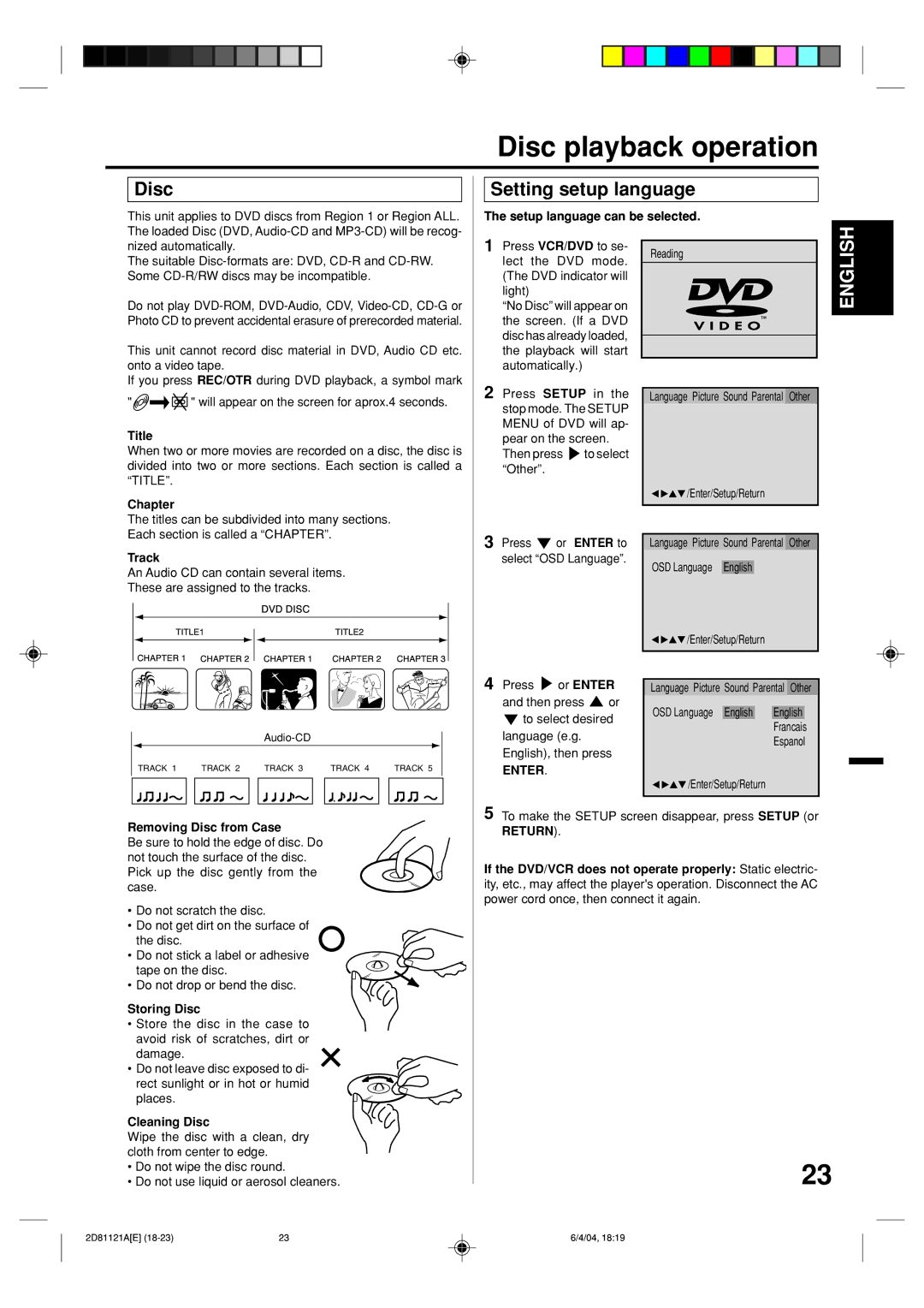 Memorex MVD4540C owner manual Disc playback operation, Setting setup language 