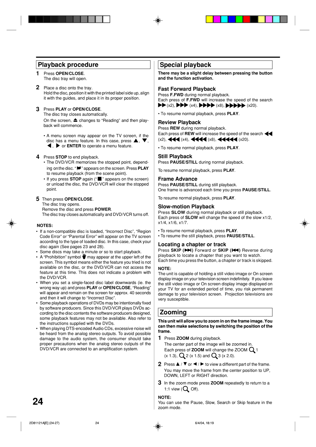 Memorex MVD4540C owner manual Playback procedure, Special playback, Zooming 