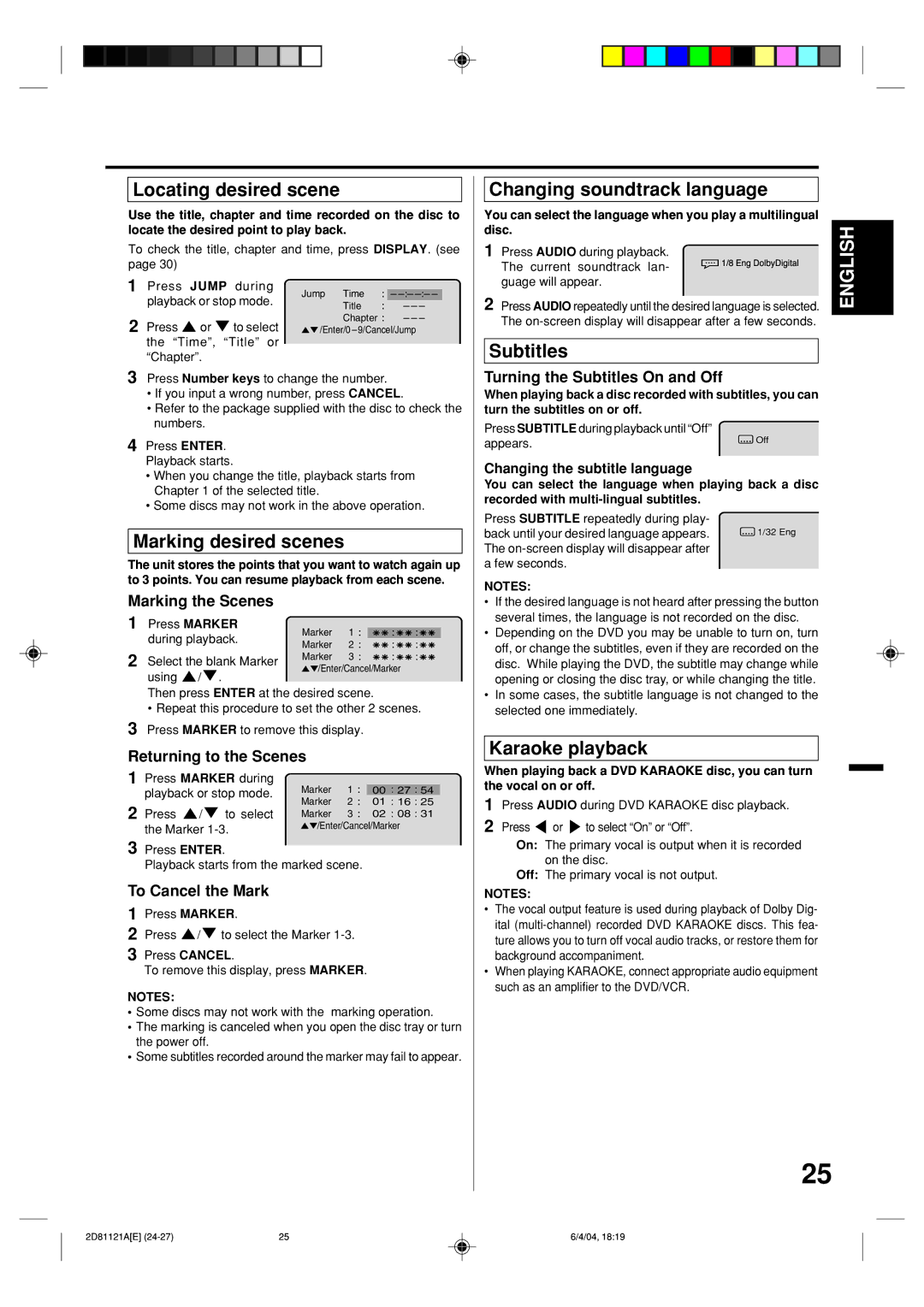 Memorex MVD4540C Locating desired scene, Marking desired scenes, Changing soundtrack language, Subtitles, Karaoke playback 