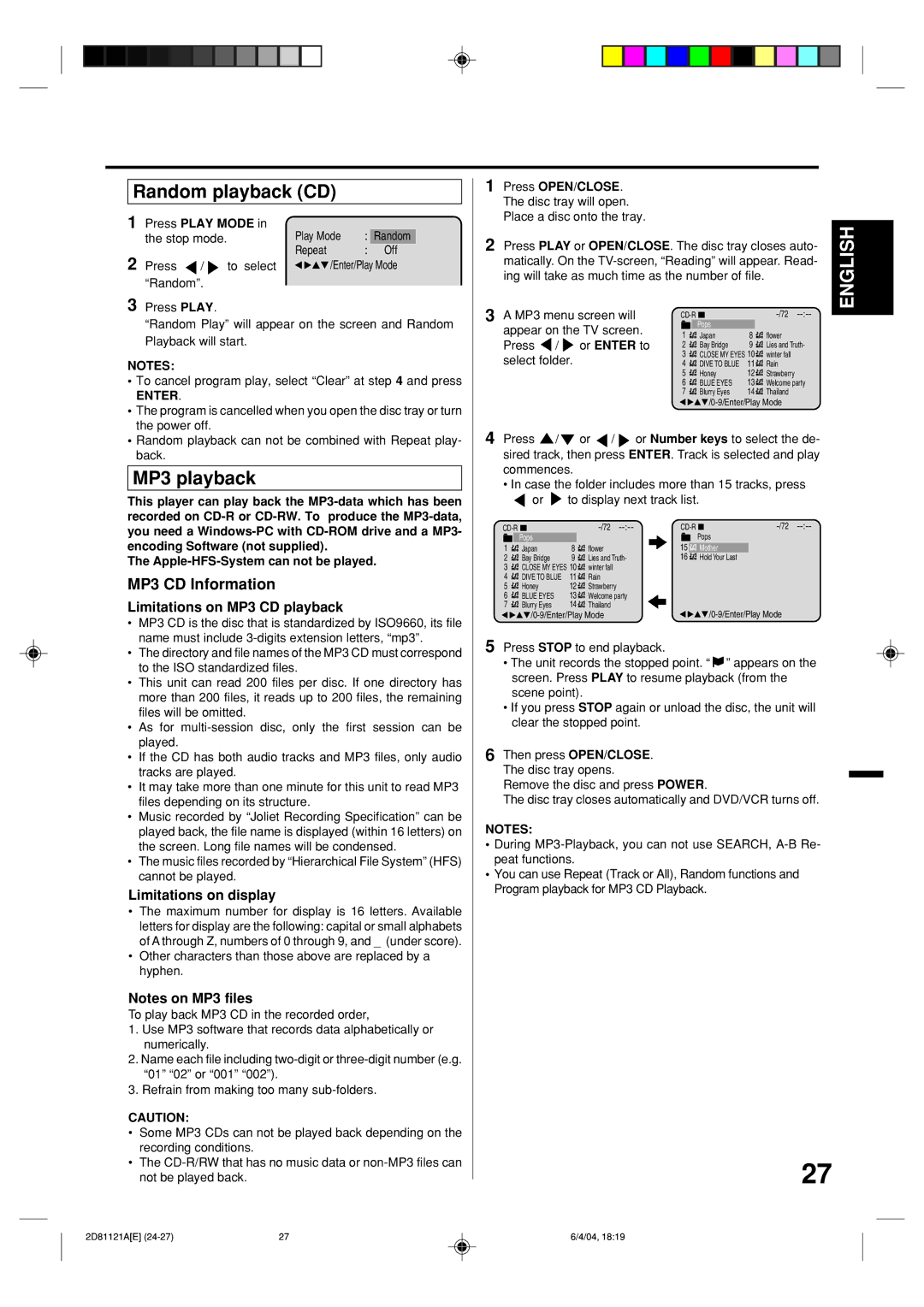 Memorex MVD4540C owner manual Random playback CD, MP3 playback, MP3 CD Information, Limitations on MP3 CD playback 