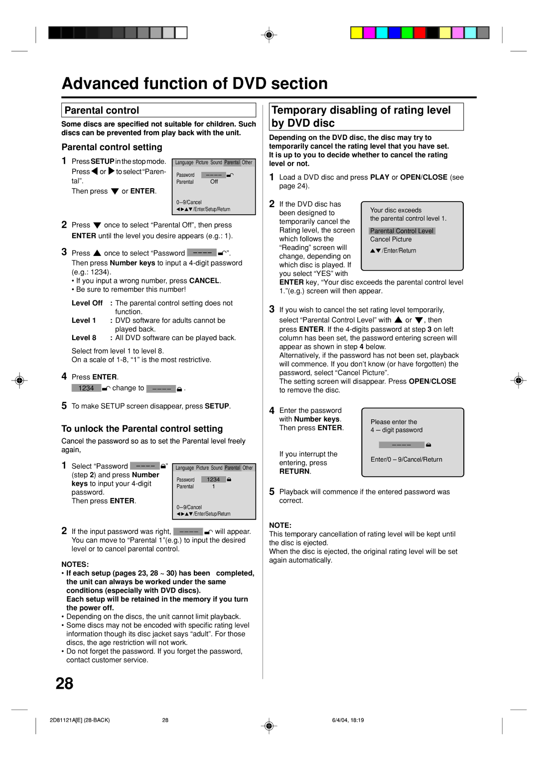 Memorex MVD4540C owner manual Advanced function of DVD section, Temporary disabling of rating level by DVD disc 