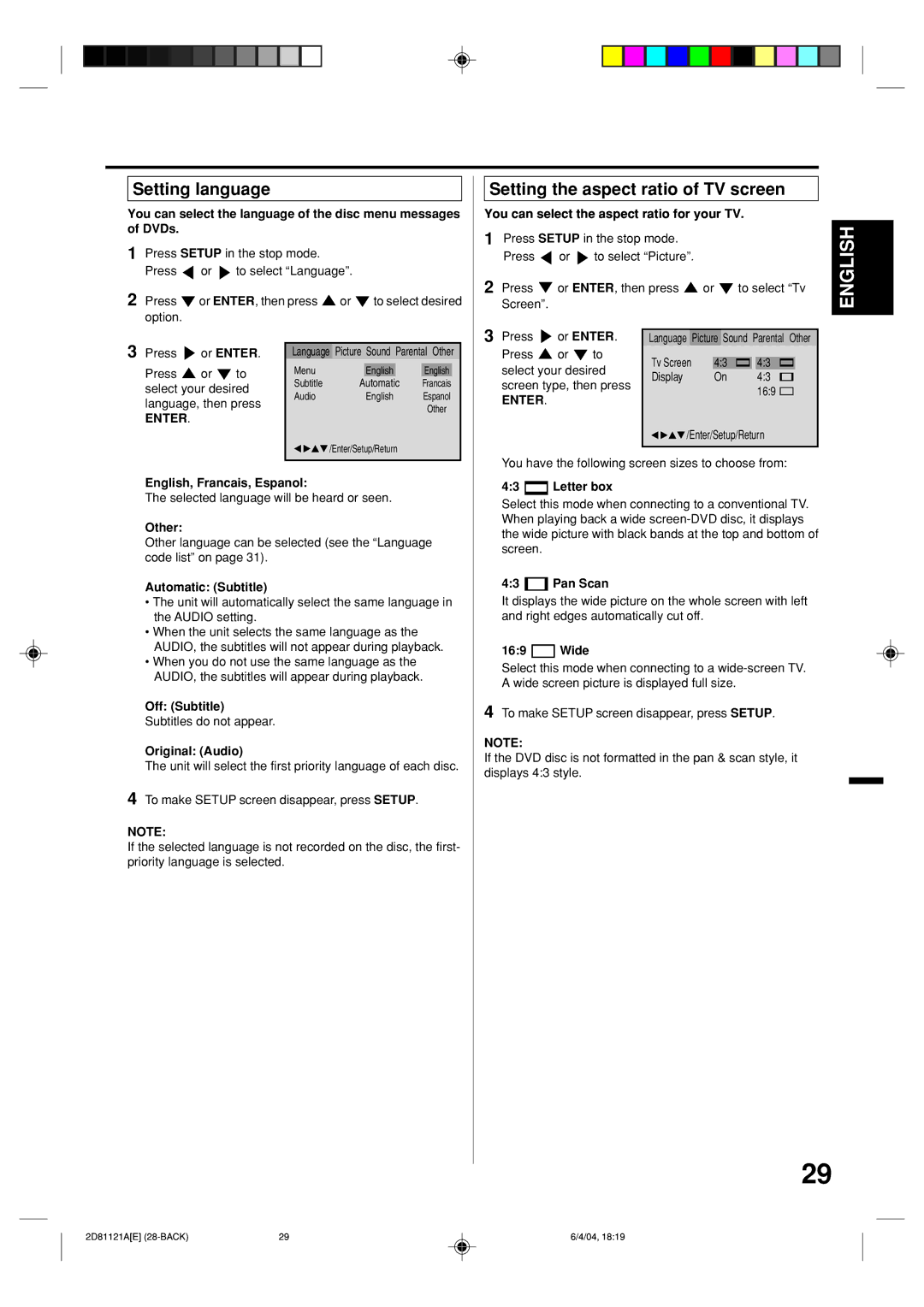 Memorex MVD4540C You can select the aspect ratio for your TV, Or Enter, English, Francais, Espanol, Other, Off Subtitle 