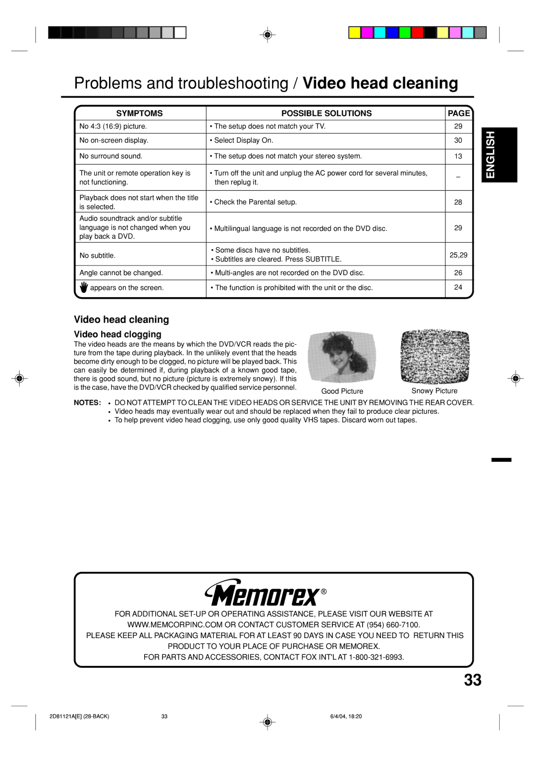 Memorex MVD4540C owner manual Video head clogging, Symptoms Possible Solutions, Subtitles are cleared. Press Subtitle 