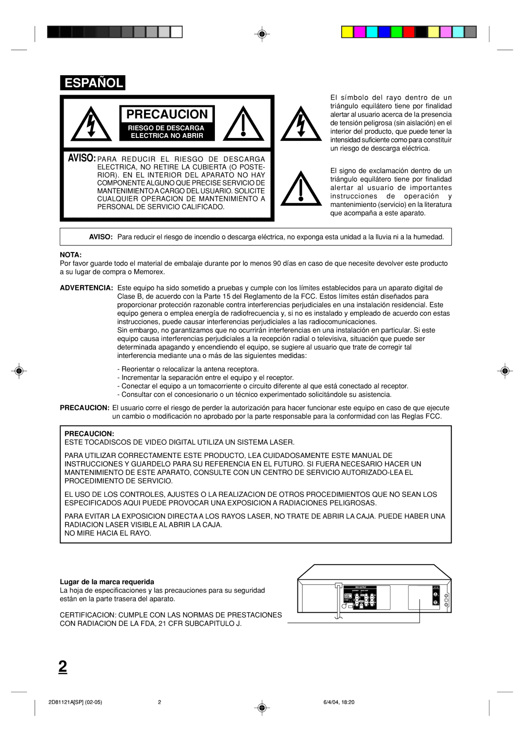 Memorex MVD4540C owner manual Nota, Precaucion, Lugar de la marca requerida 