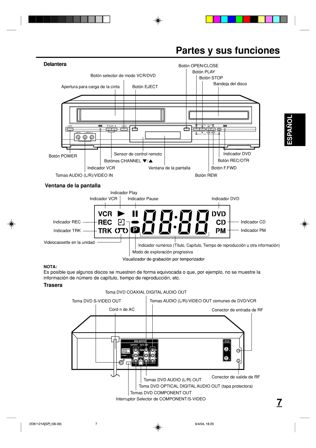 Memorex MVD4540C owner manual Partes y sus funciones, Delantera, Ventana de la pantalla, Trasera 