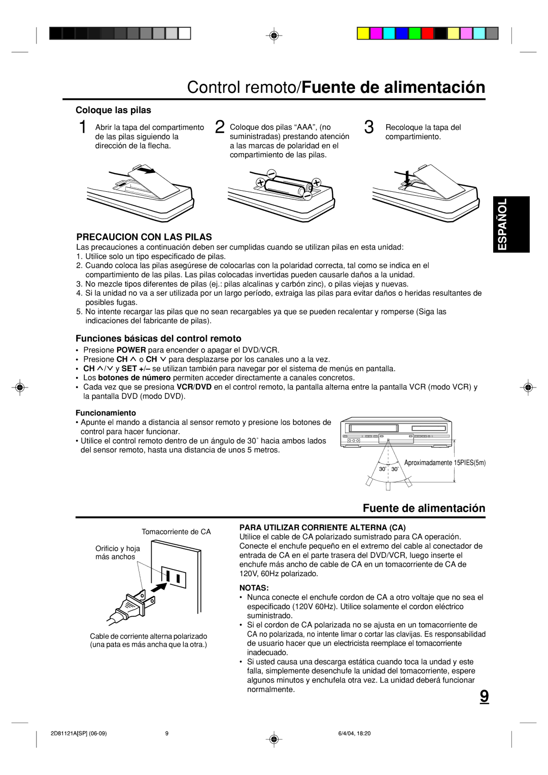 Memorex MVD4540C Control remoto/Fuente de alimentación, Coloque las pilas, Funciones básicas del control remoto 