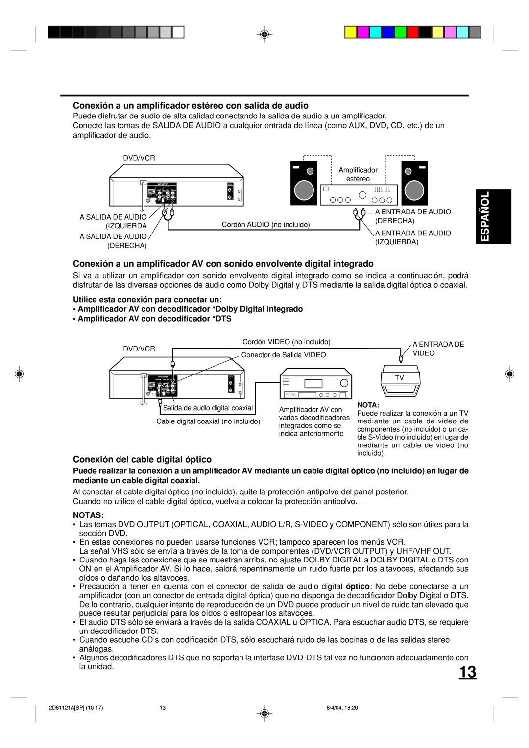 Memorex MVD4540C Conexión a un amplificador estéreo con salida de audio, Conexión del cable digital óptico, Notas 