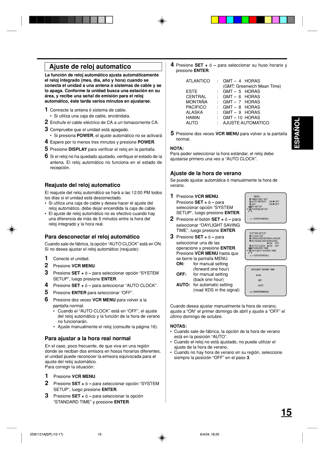 Memorex MVD4540C owner manual Ajuste de reloj automatico, Reajuste del reloj automatico, Ajuste de la hora de verano 