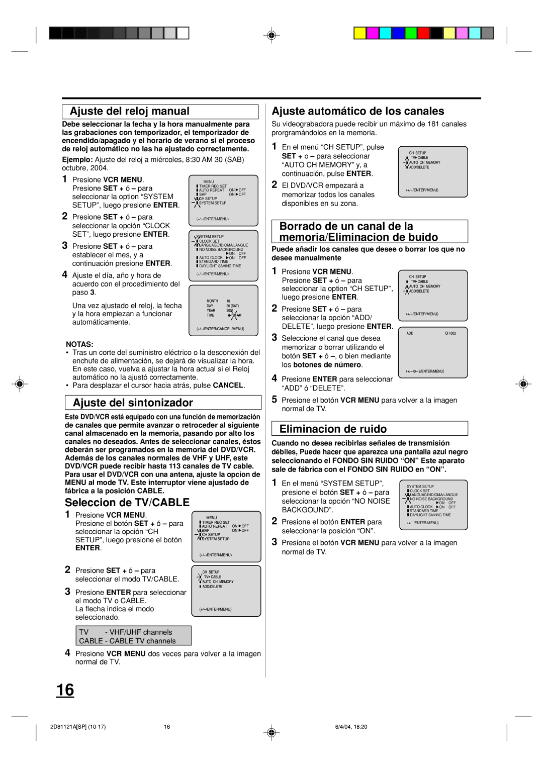 Memorex MVD4540C owner manual Ajuste del reloj manual, Ajuste del sintonizador, Seleccion de TV/CABLE, Eliminacion de ruido 