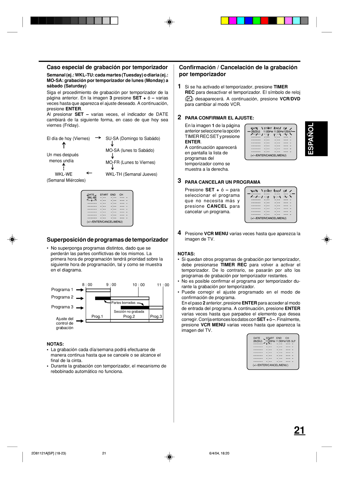 Memorex MVD4540C owner manual Caso especial de grabación por temporizador, Superposición de programas de temporizador 