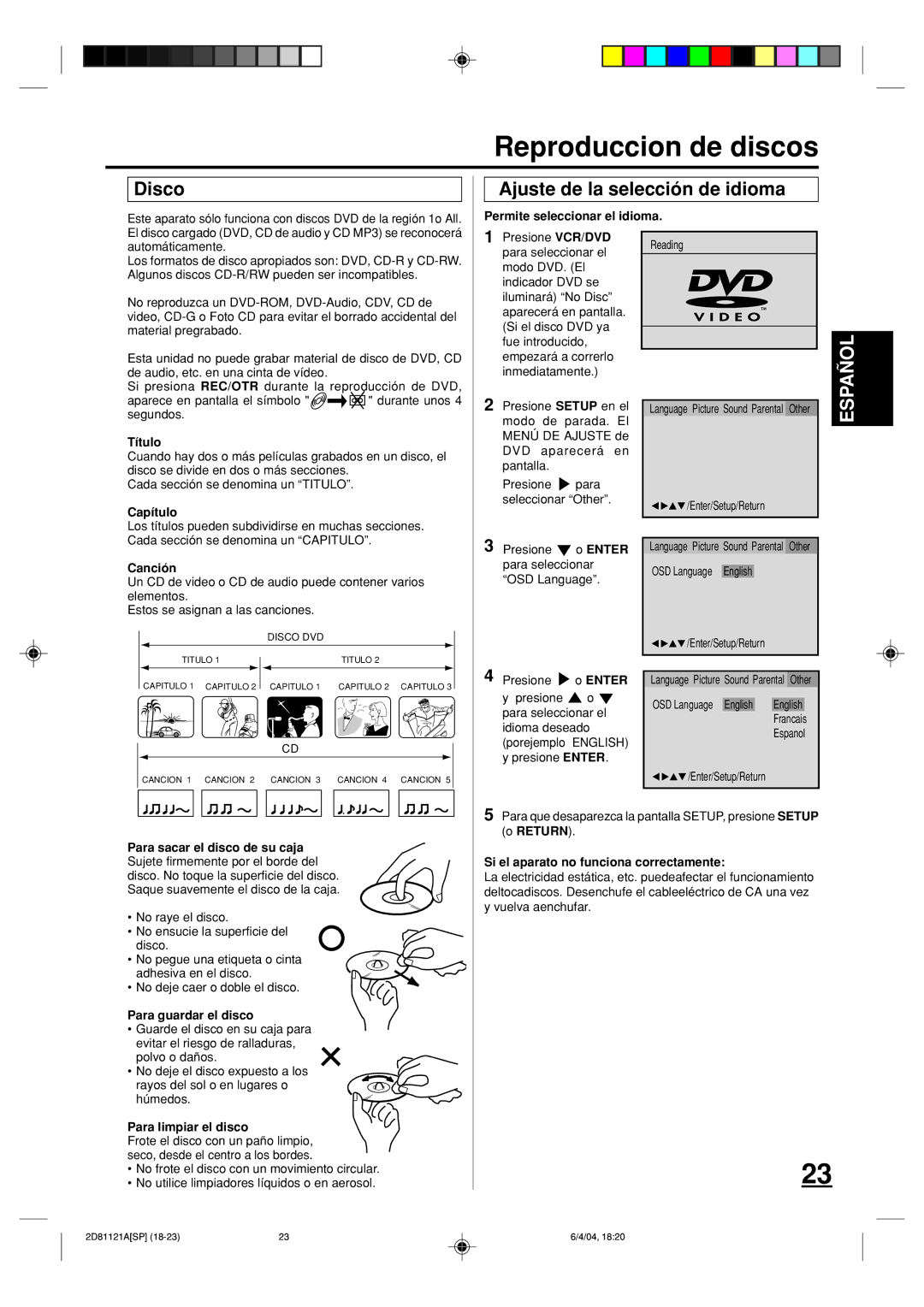 Memorex MVD4540C owner manual Reproduccion de discos, Disco, Ajuste de la selección de idioma 