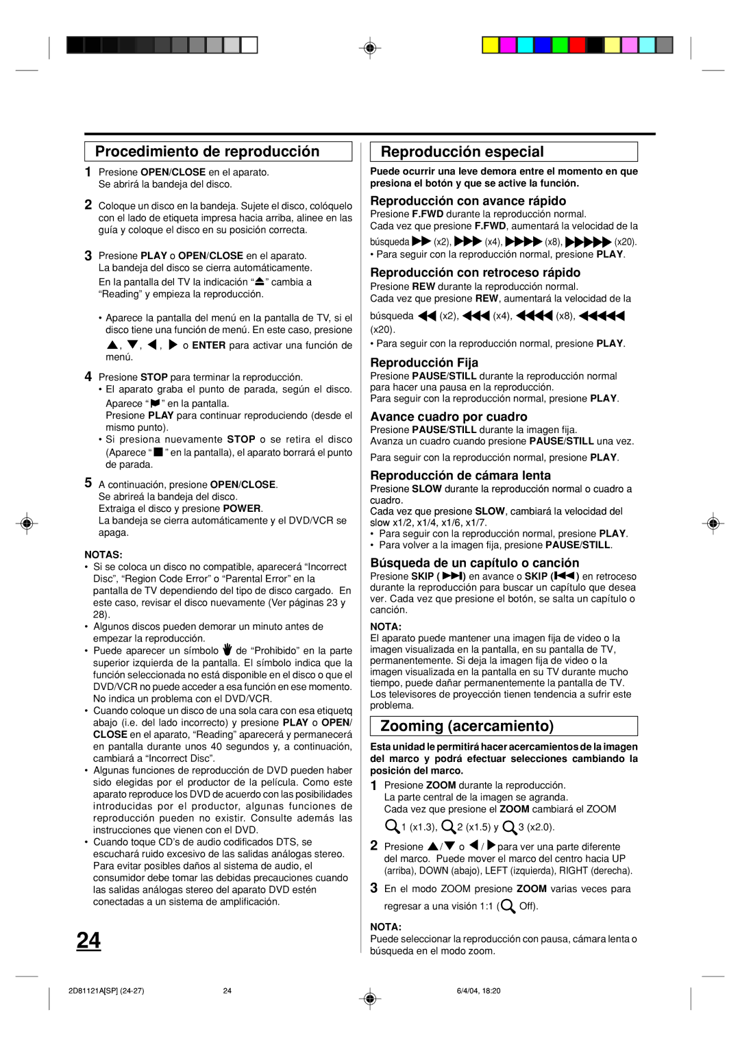 Memorex MVD4540C owner manual Procedimiento de reproducción, Reproducción especial, Zooming acercamiento 