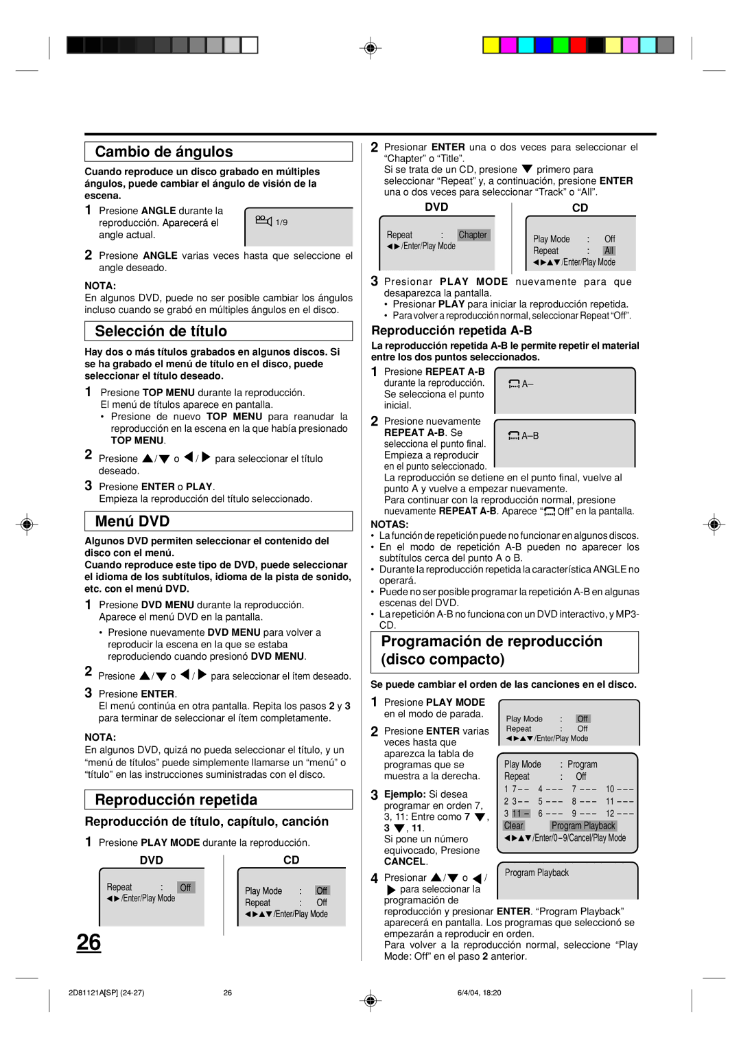 Memorex MVD4540C owner manual Cambio de ángulos, Selección de título, Menú DVD, Reproducción repetida 