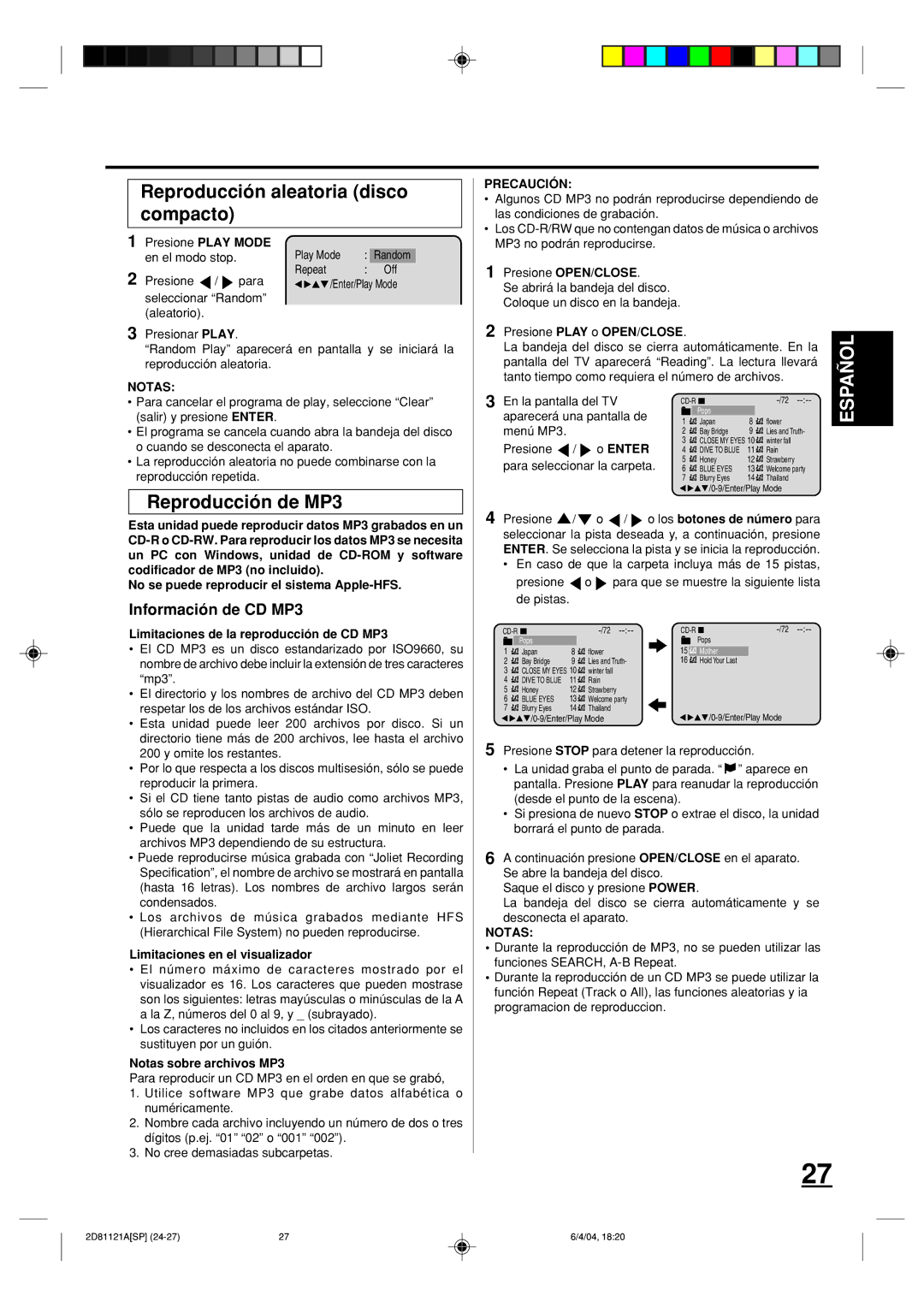 Memorex MVD4540C owner manual Reproducción aleatoria disco compacto, Reproducción de MP3, Información de CD MP3, Precaución 