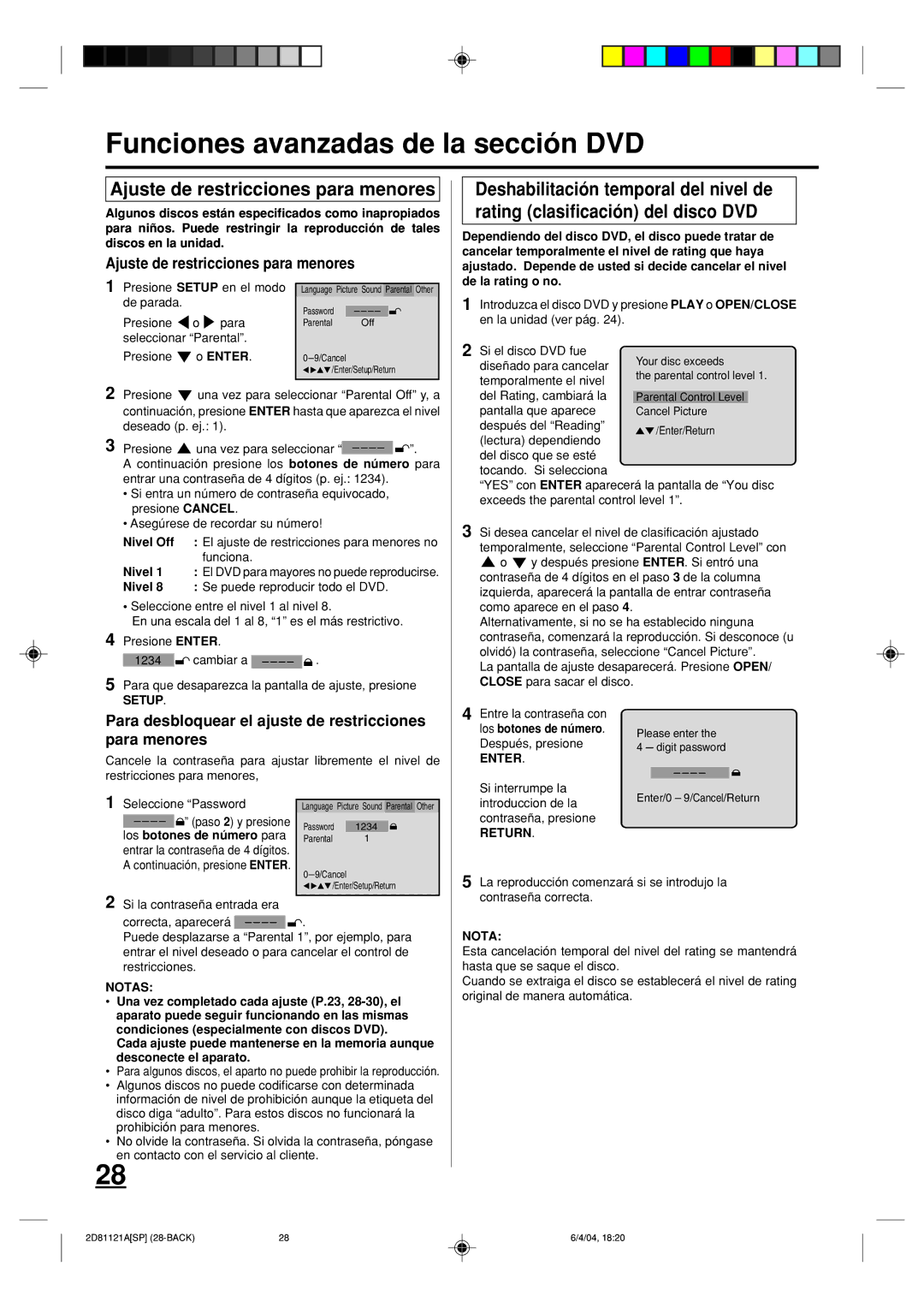 Memorex MVD4540C owner manual Funciones avanzadas de la sección DVD, Ajuste de restricciones para menores, Setup 