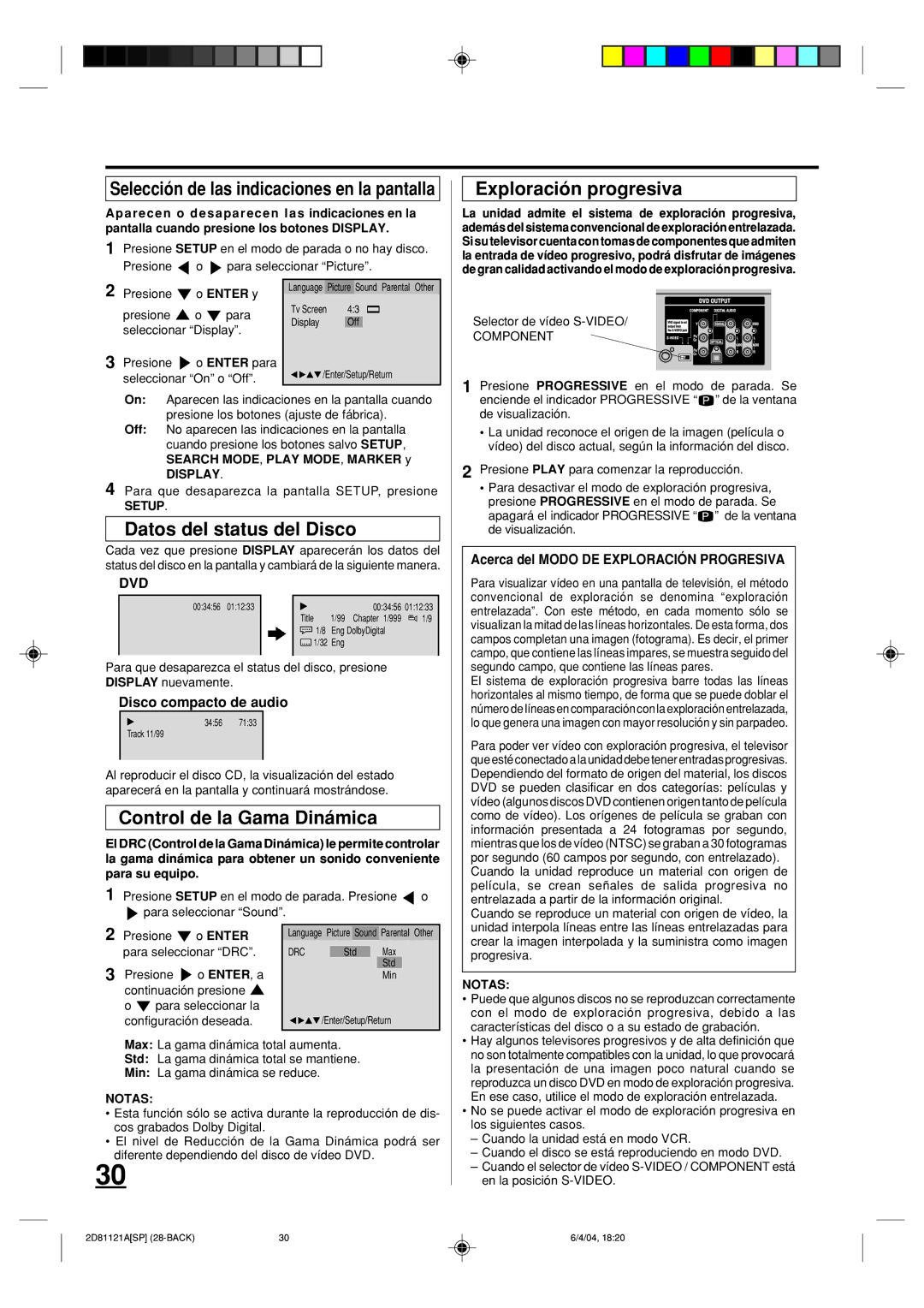 Memorex MVD4540C owner manual Datos del status del Disco, Control de la Gama Dinámica, Exploración progresiva 